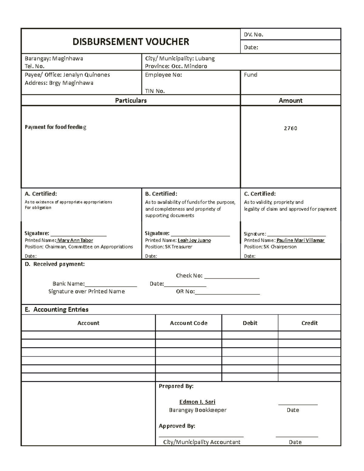 FOOD Feeding DFSDF DISBURSEMENT VOUCHER DV. No