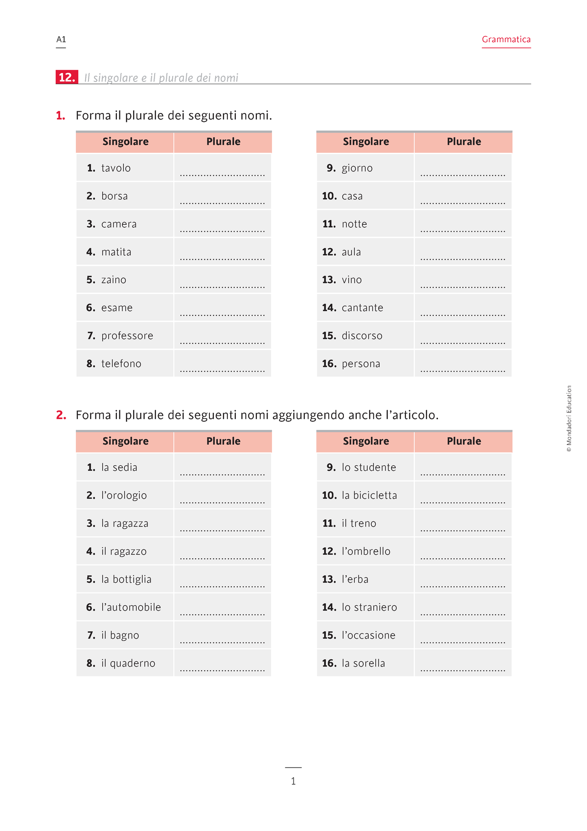 U Nomi Sing Pl Esercizi Singolare E Plurale Italiano A