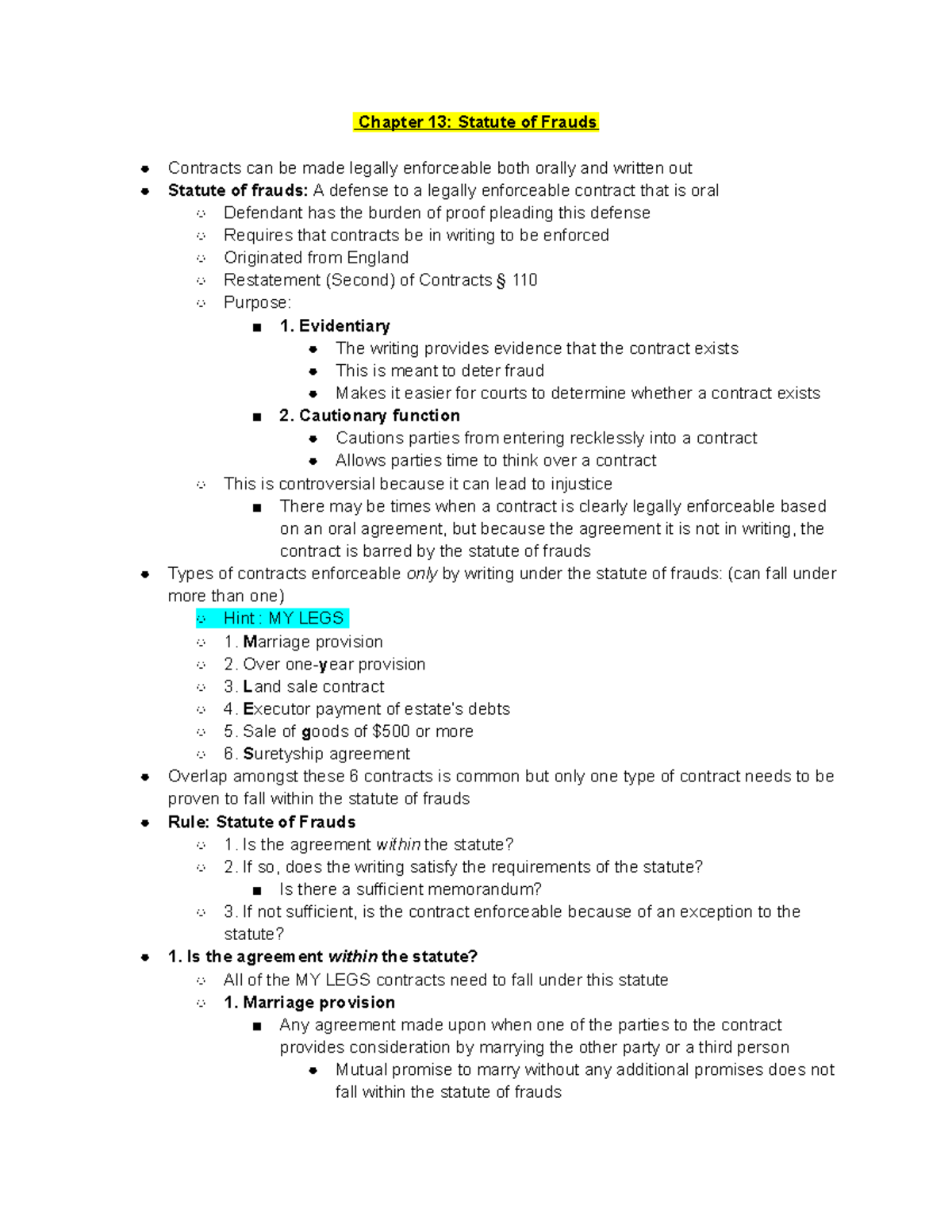 Chapter 13 Statute of Frauds - Chapter 13: Statute of Frauds Contracts ...