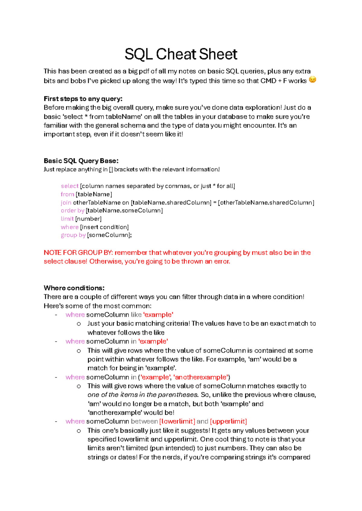 SQL Cheat Sheet - SQL - SQL Cheat Sheet This has been created as a big ...
