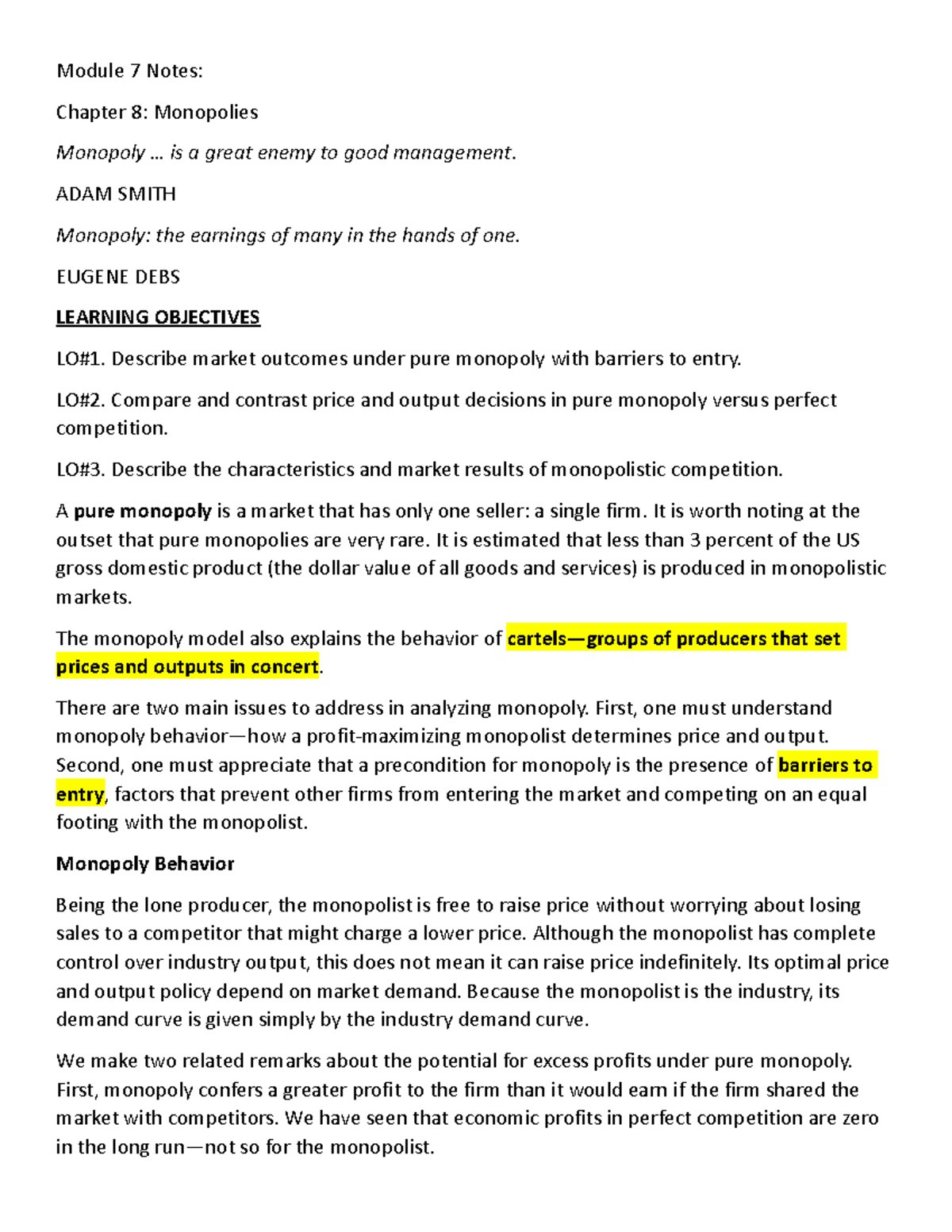 Chapter 8 Notes - COMM 5032 - Module 7 Notes: Chapter 8: Monopolies ...