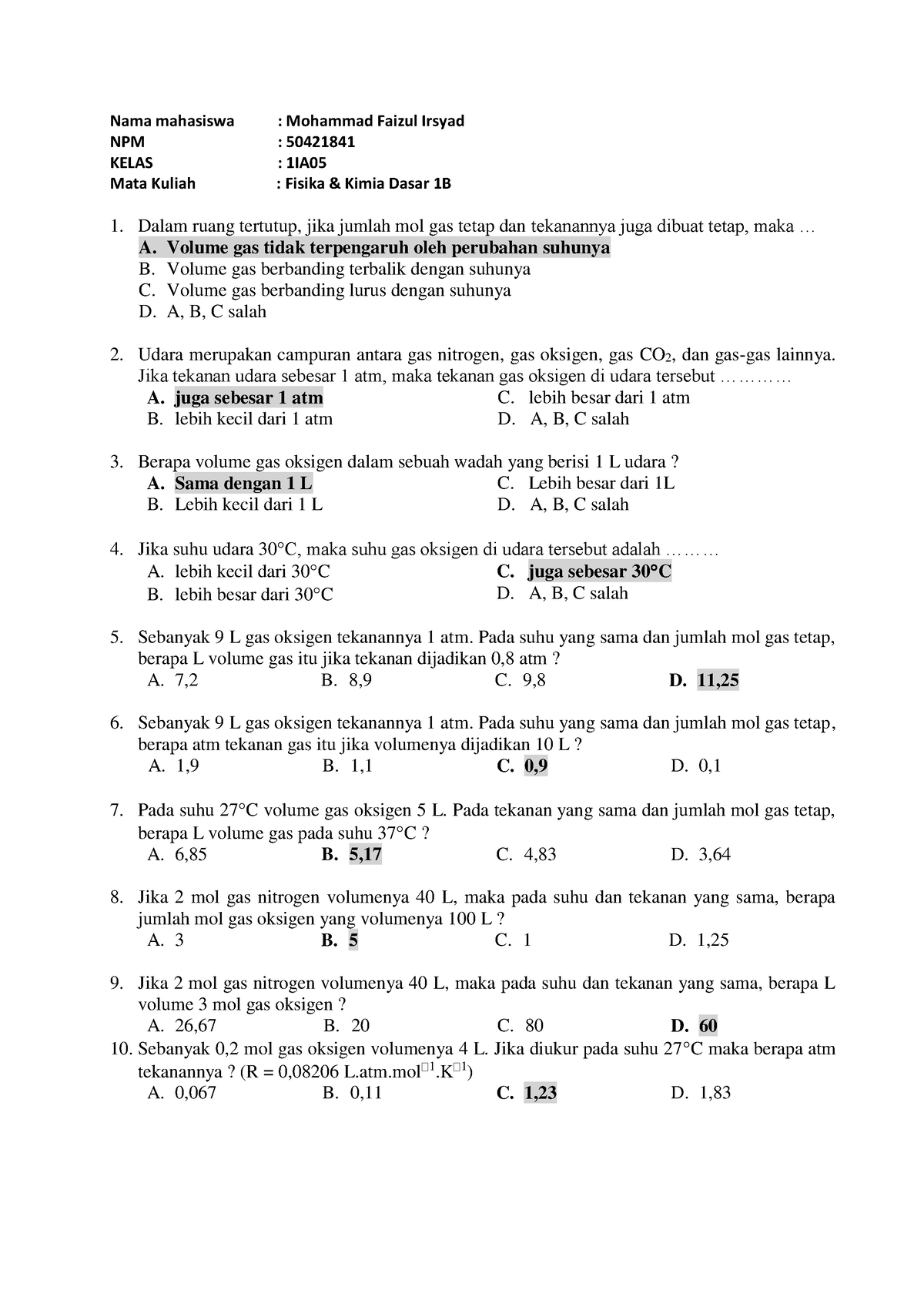 Kimia Dasar 1 Soal PG 2 Mfaizul 1IA05 - Nama Mahasiswa : Mohammad ...
