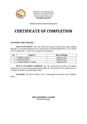 Barangay Certification FOR Reprapping - Republic of the Philippines ...