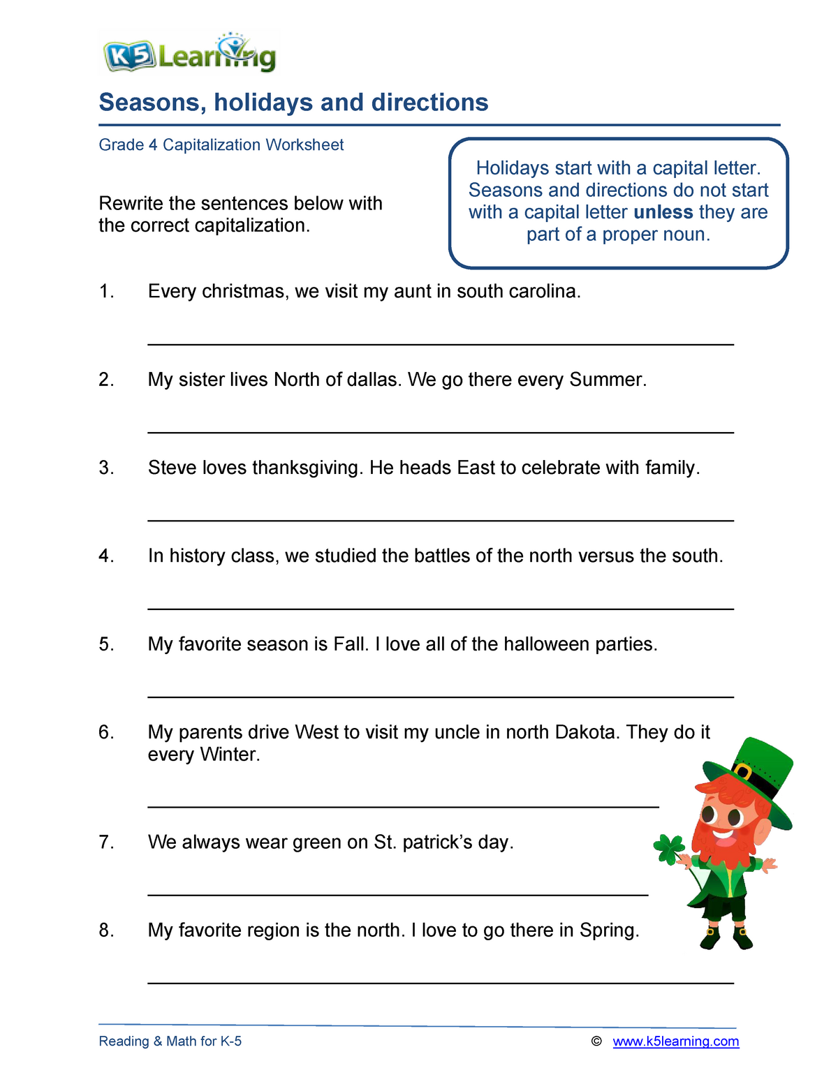 Grade 4 capitalization seasons holidays directions a - Seasons ...