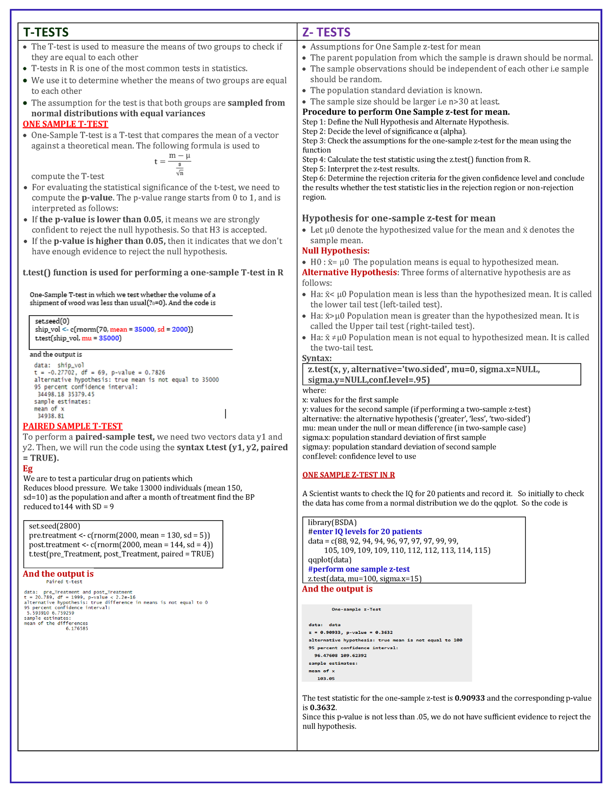 Cheat- Sheet-Statistical Test - T-TESTS Z- TESTS The T-test is used to ...