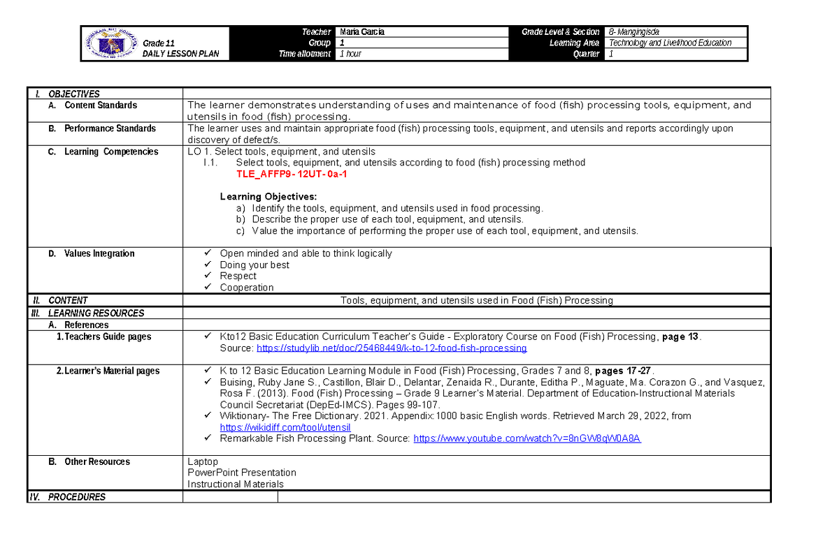 Lesson Plan 4th Year - Grade 11 DAILY LESSON PLAN Group 1 Learning Area ...