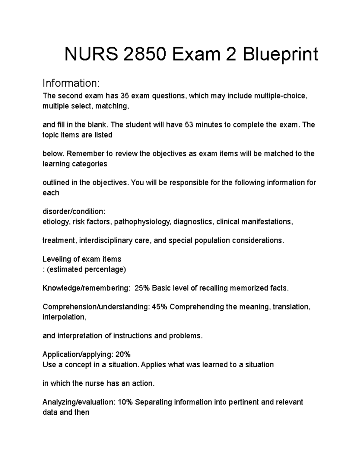 NURS 2850 Exam 2 Blueprint - NURS 2850 Exam 2 Blueprint Information ...