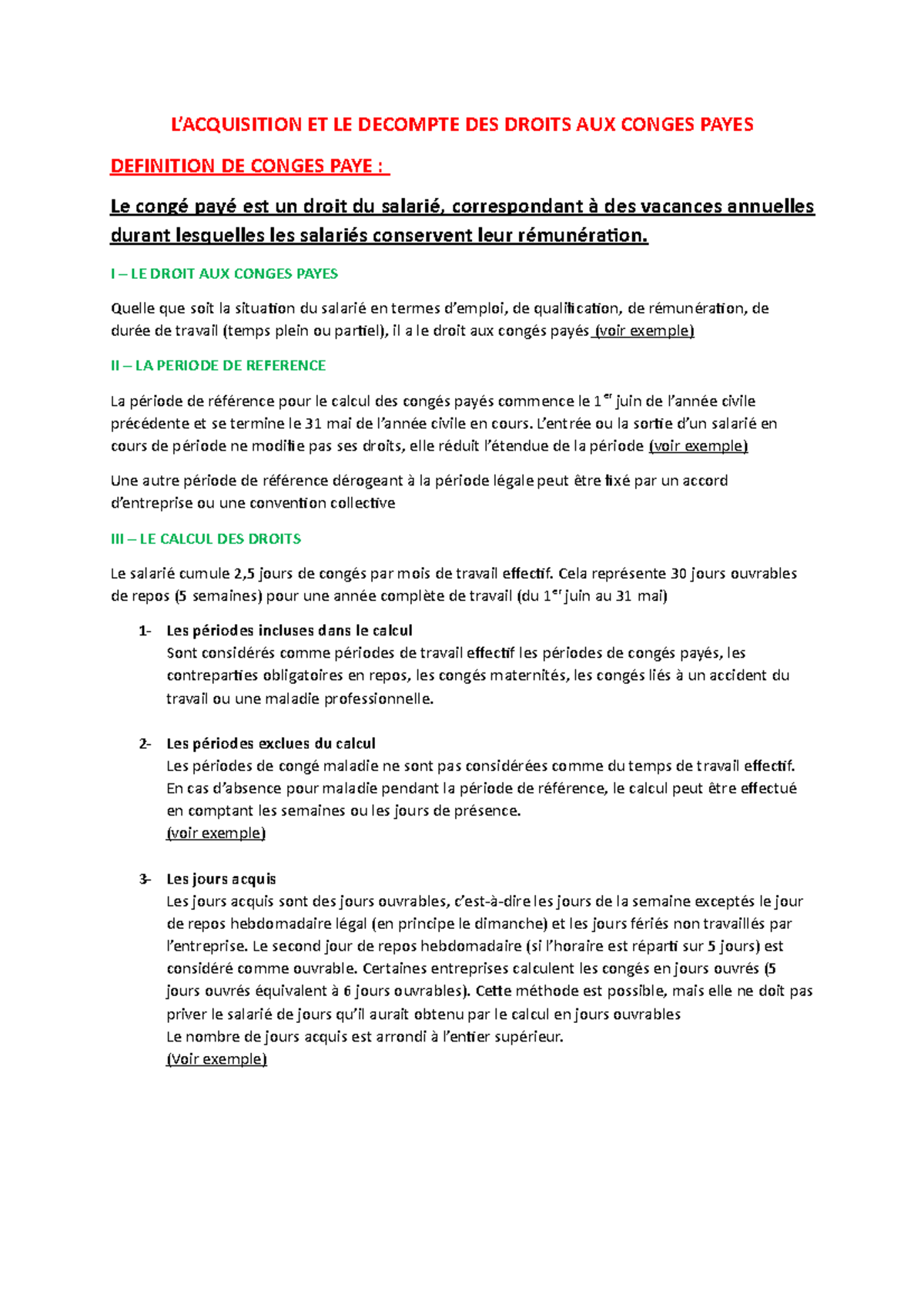 CP Note sur les congés payés L’ACQUISITION ET LE DES DROITS AUX CONGES PAYES