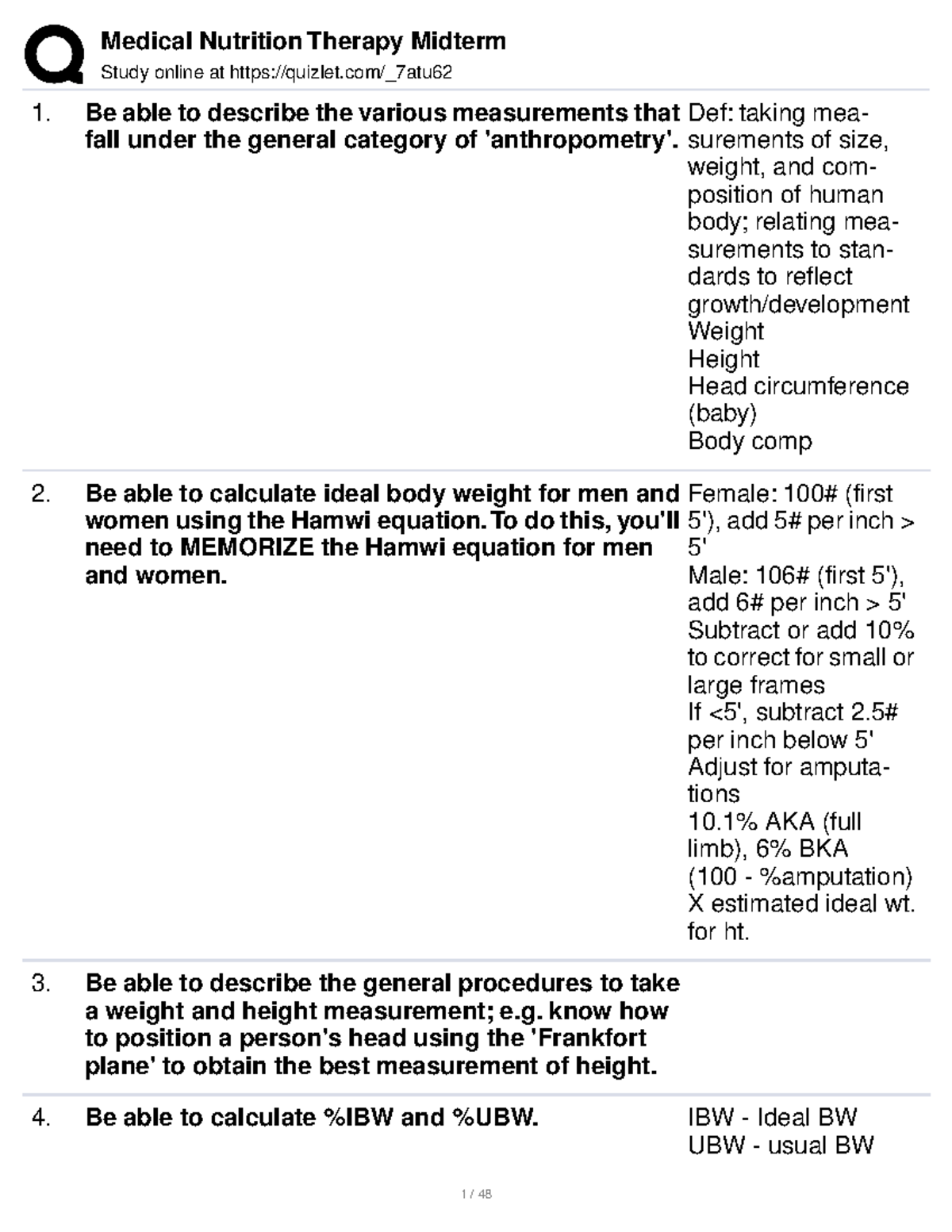 Medical Nutrition Therapy Midterm Study online at quizlet/_7atu Be