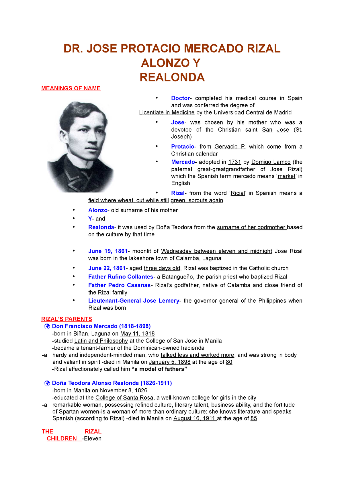 Topic 1 rizal - DR. JOSE PROTACIO MERCADO RIZAL ALONZO Y REALONDA ...