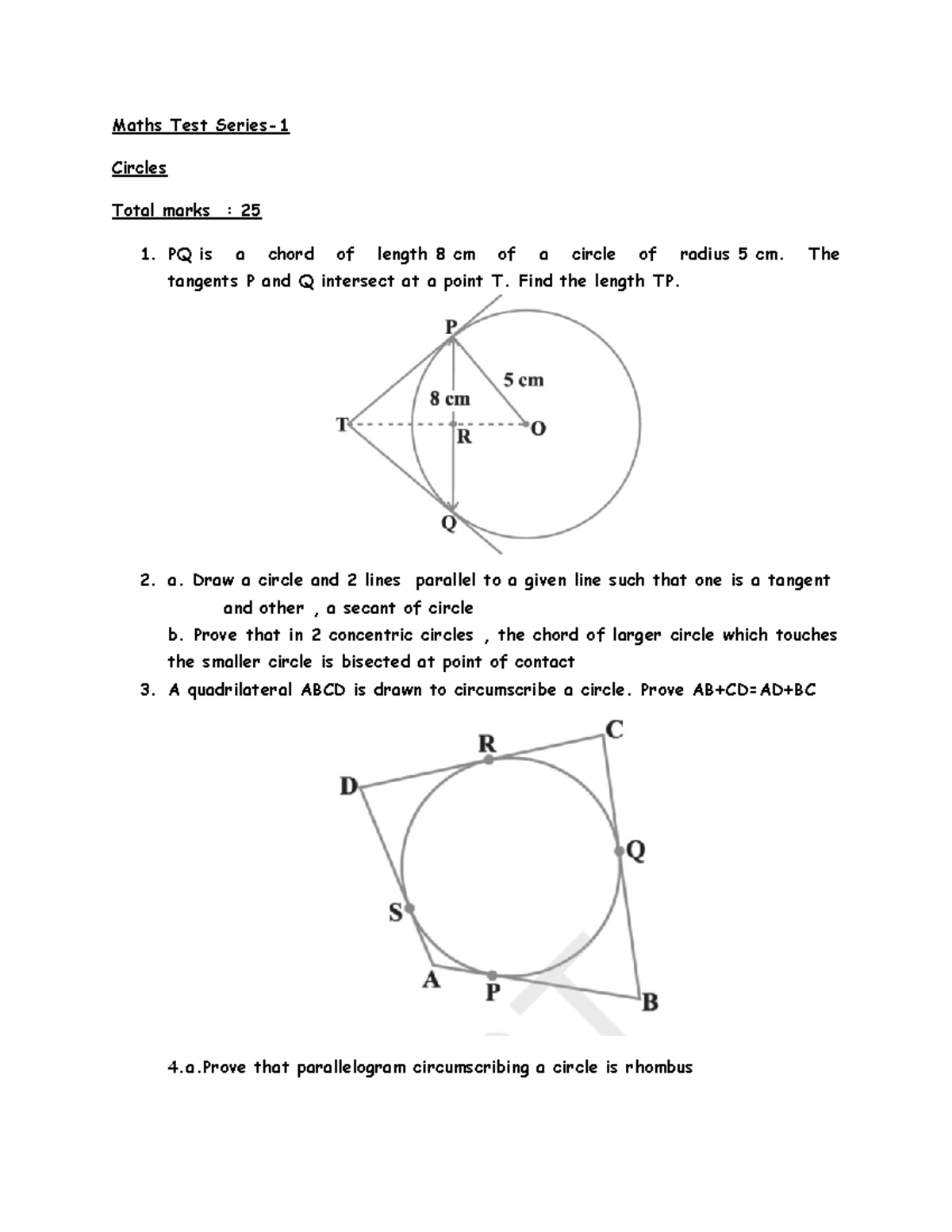 Maths Test -circles - Maths Test Series- Circles Total marks : 25 PQ is ...