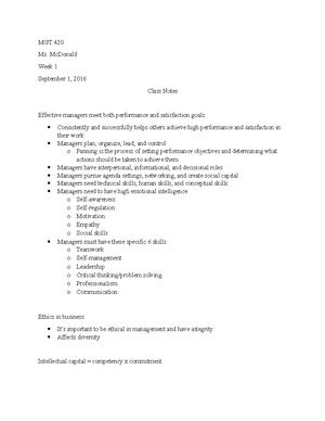 MGT-420 lecture notes - MGT- Intellectual capital = competency x ...