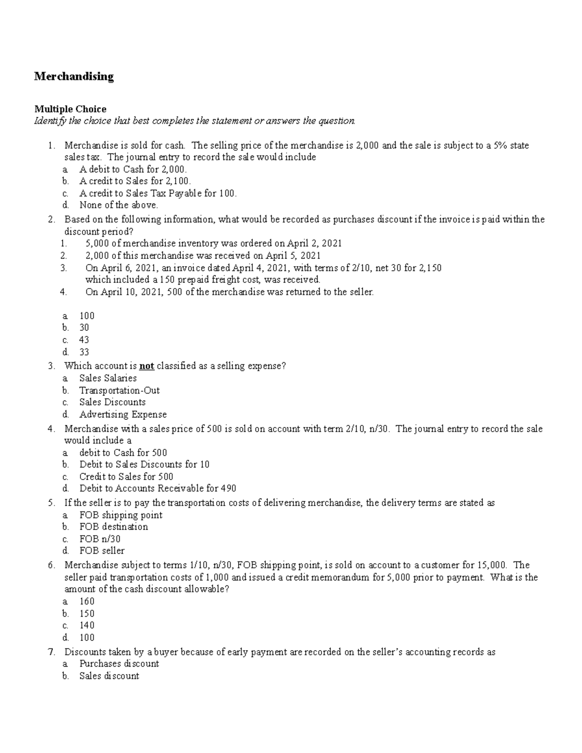 Quiz in Merchandising Business Accounting Merchandising Multiple
