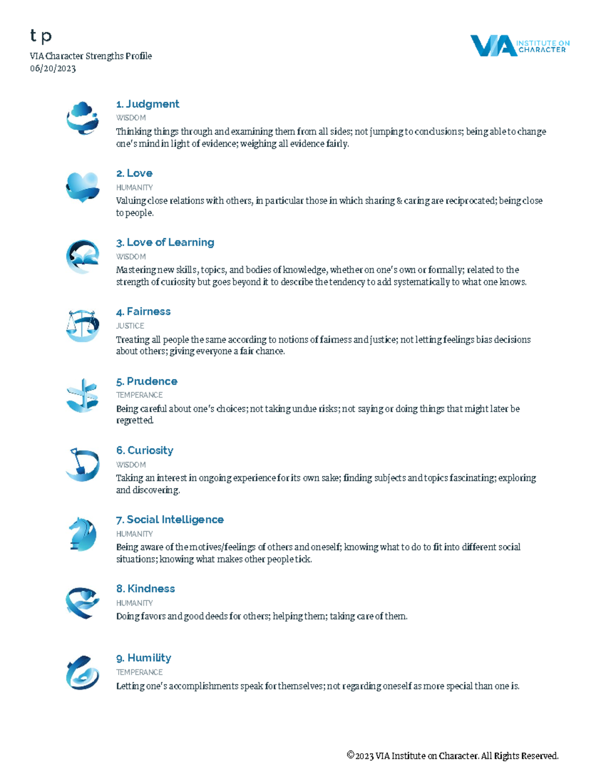 Strengths Profile - t p VIA Character Strengths Profile 06/20/ ©2023 ...