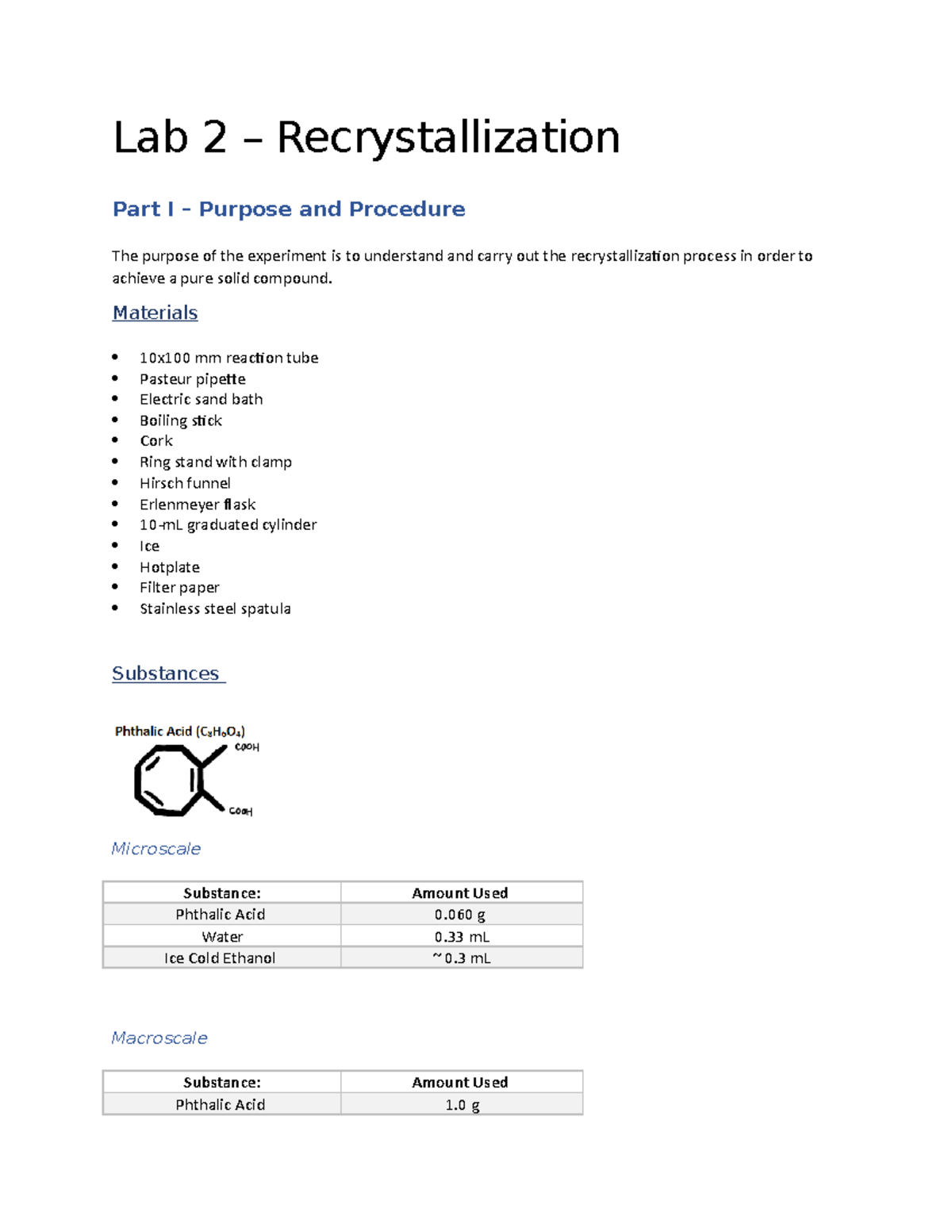 Organic Chemistry I - Recrystallization Lab - Lab 2 – Recrystallization ...