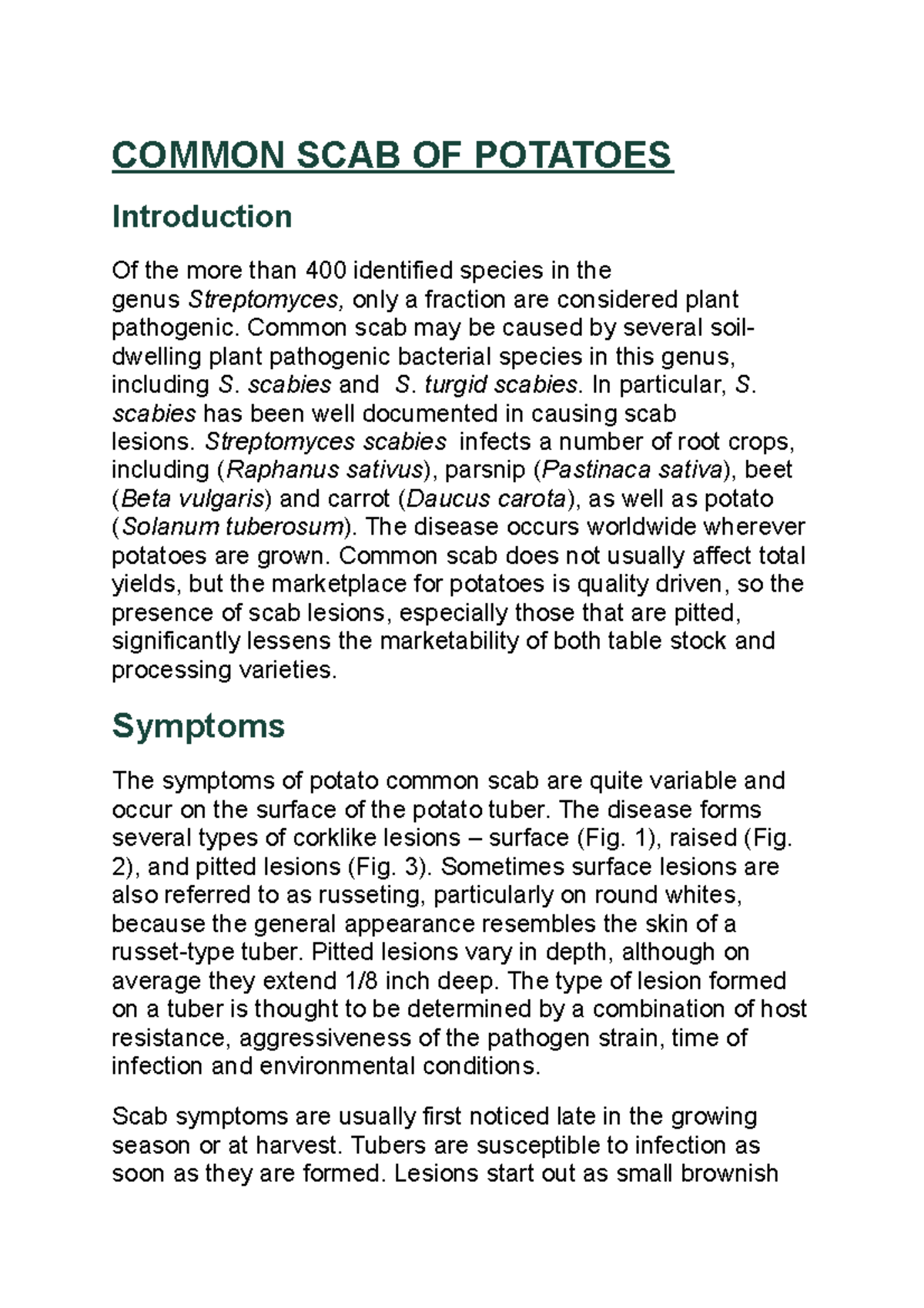 Common SCAB OF Potatoes COMMON SCAB OF POTATOES Introduction Of the