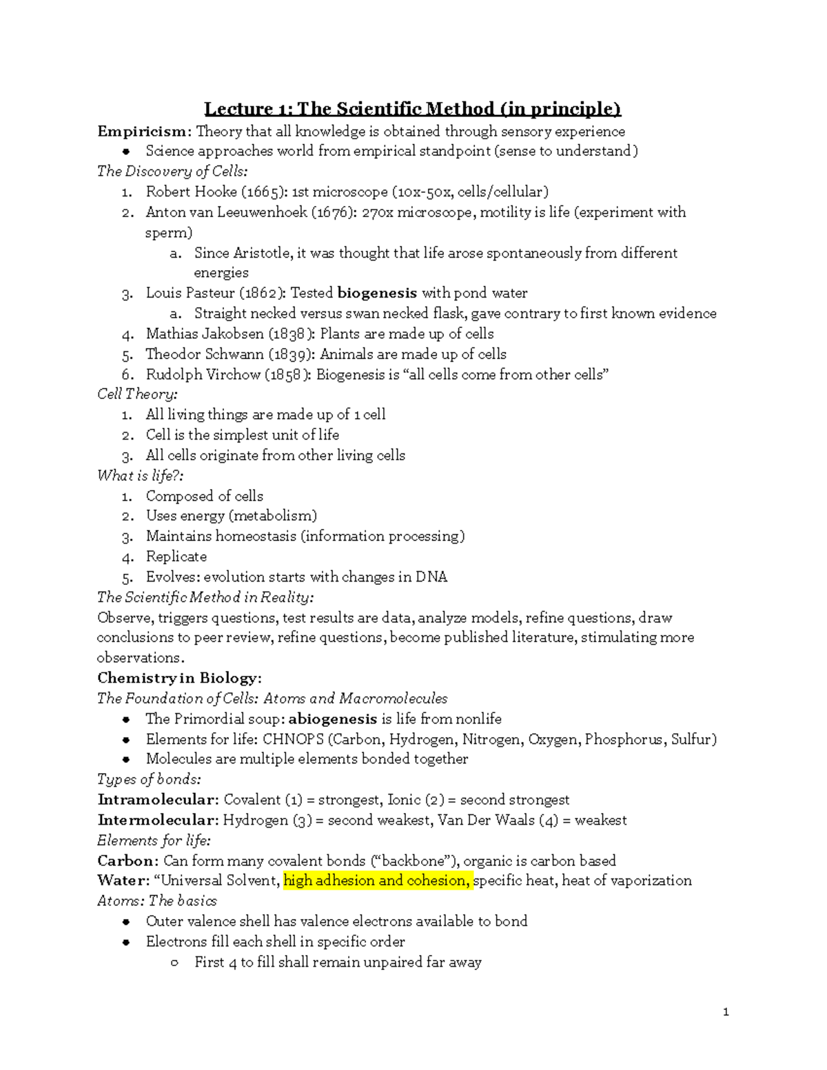 Bio Exam 1 Study Guide - Lecture notes First few - Lecture 1: The ...