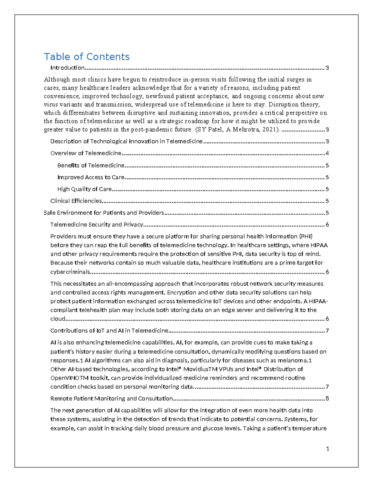Technological Innovation of Telemedicine - Table of Contents - Studocu