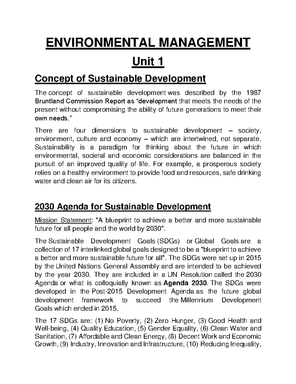 Environmental Management - Environmental Management Unit 1 Concept Of 