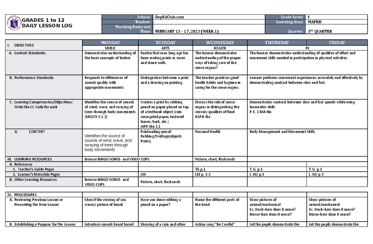 Hgfghgys5ayfibonobic - GRADES 1 to 12 DAILY LESSON LOG School ...