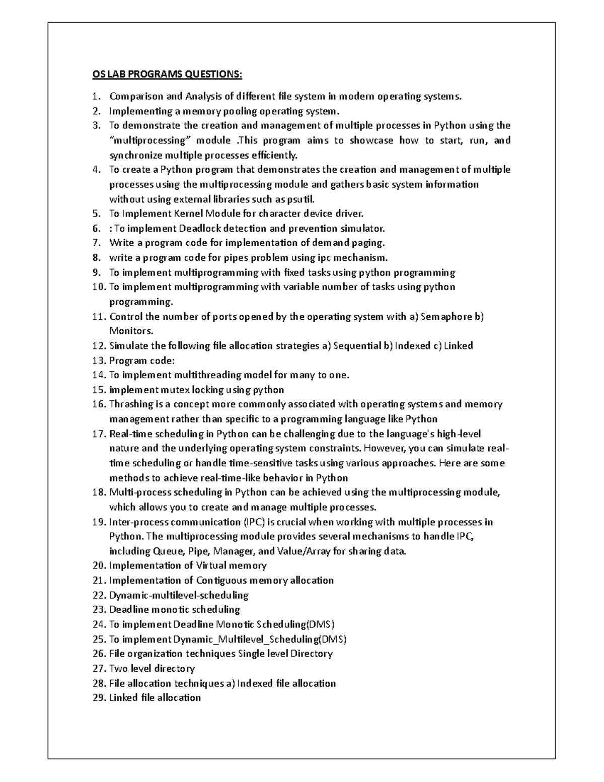 OS-LAB Extra Questions II-II - OS LAB PROGRAMS QUESTIONS: Comparison ...