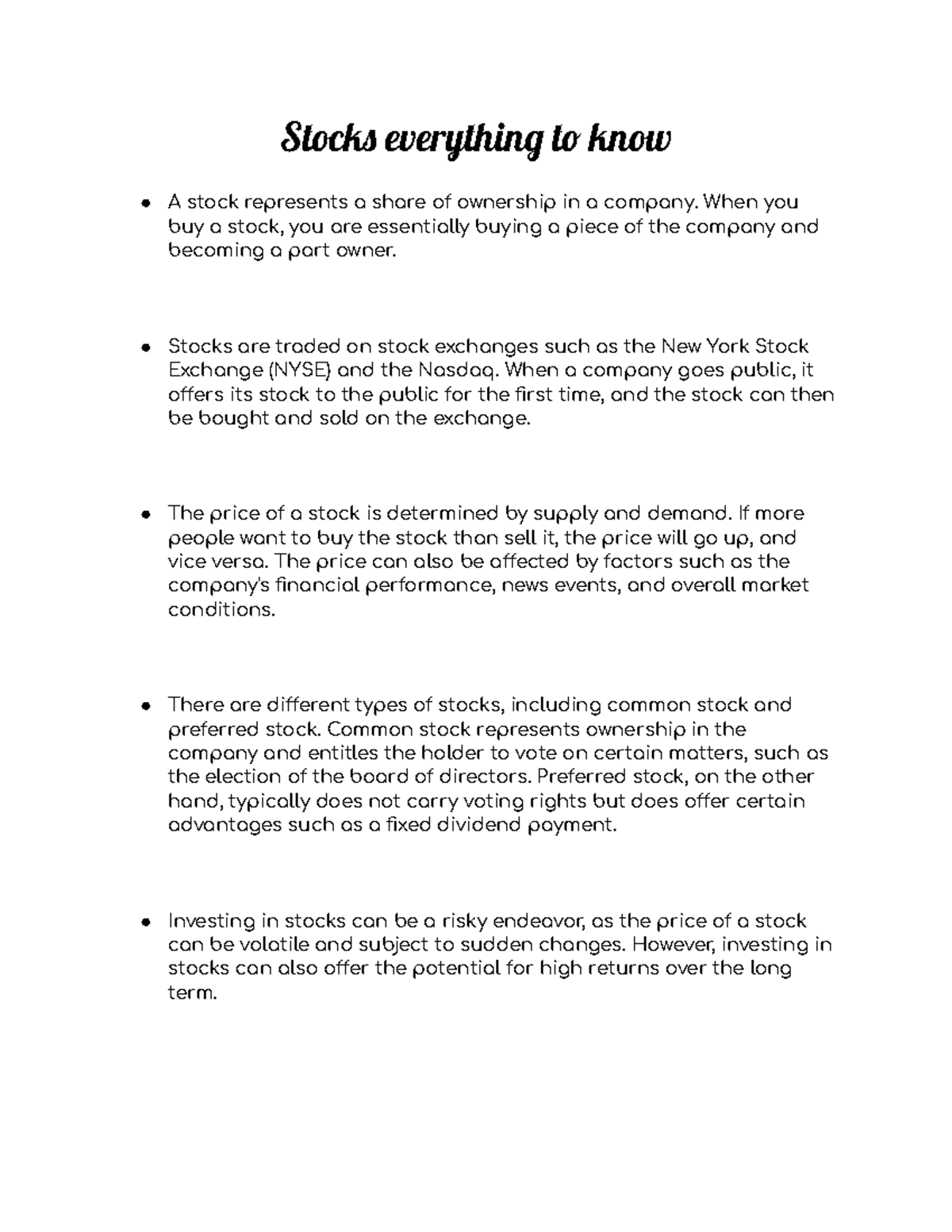 Stocks and Everything - Stock everythin t know A stock represents a ...