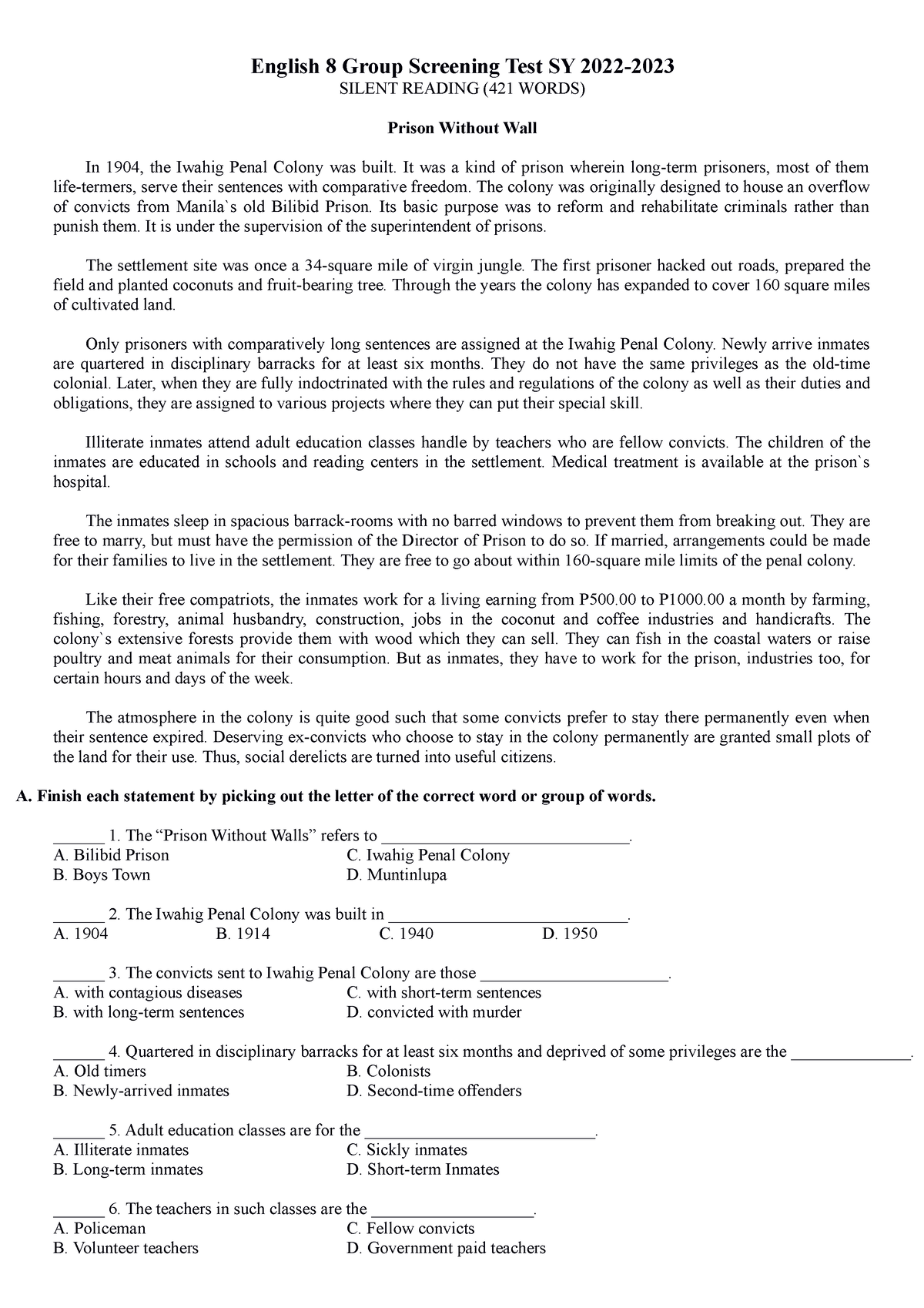 Silent Reading - English 8 Group Screening Test SY 2022- SILENT READING ...