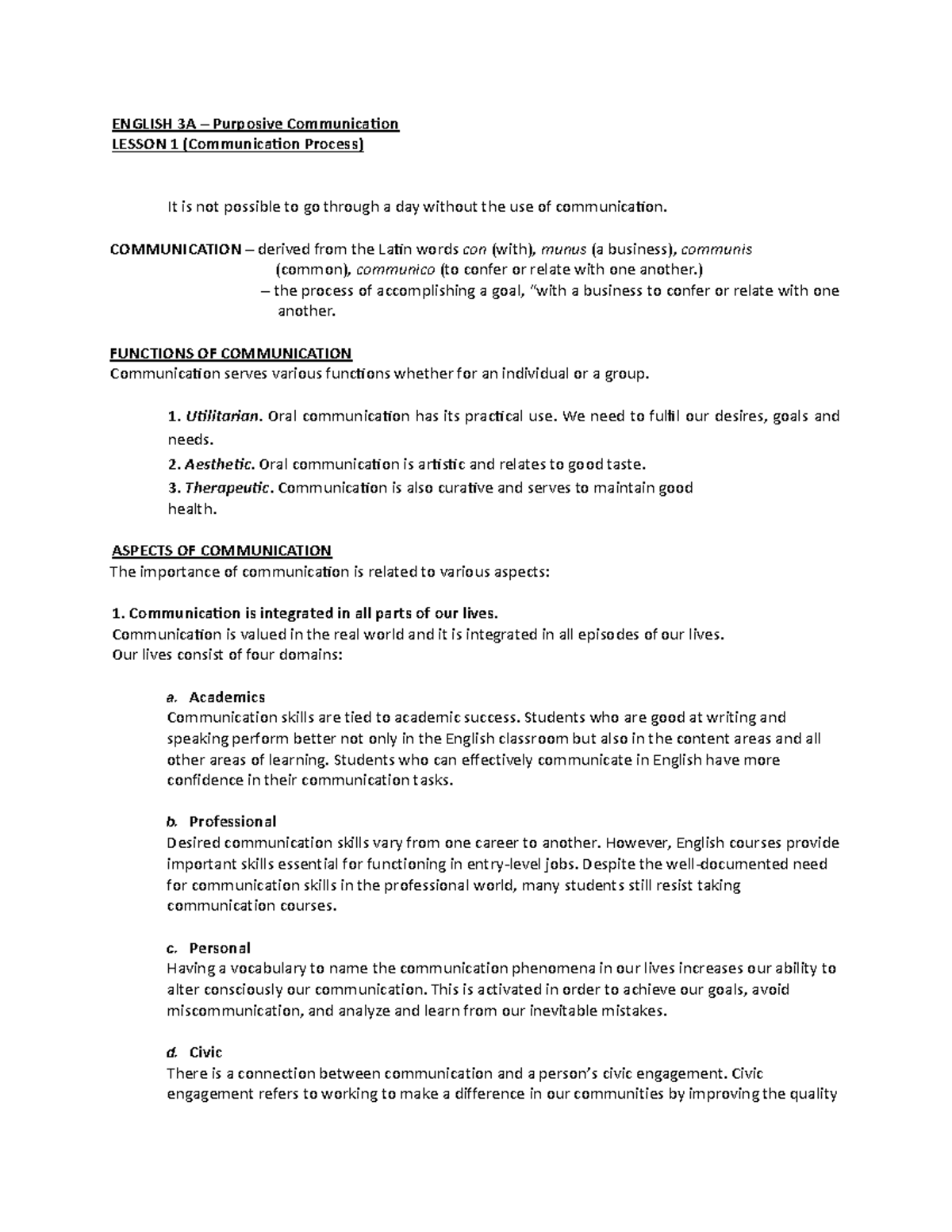 Lesson 1 Communication - ENGLISH 3A – Purposive Communica:on LESSON 1 ...