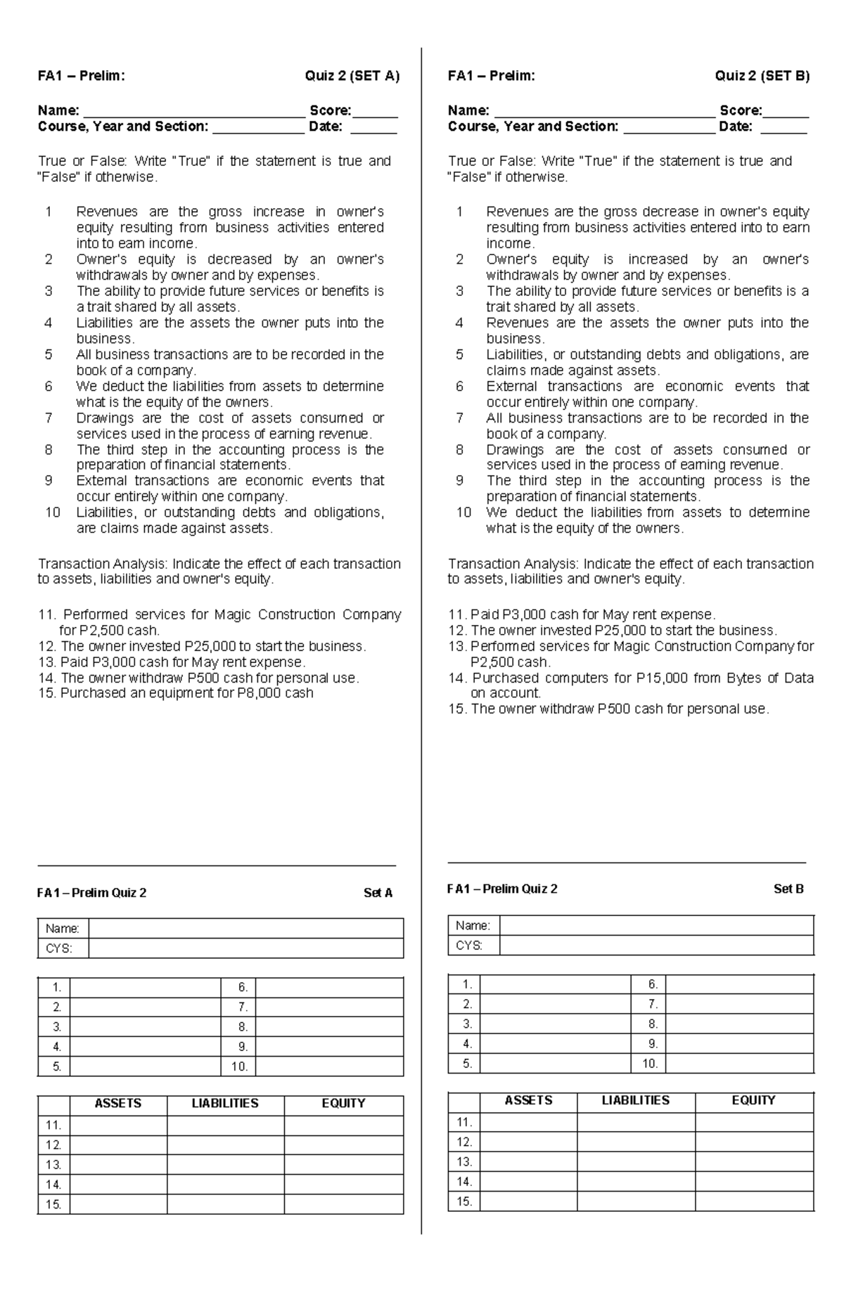 Fa1-quiz-2 - FA1-Quiz - FA1 – Prelim: Quiz 2 (SET A) Name