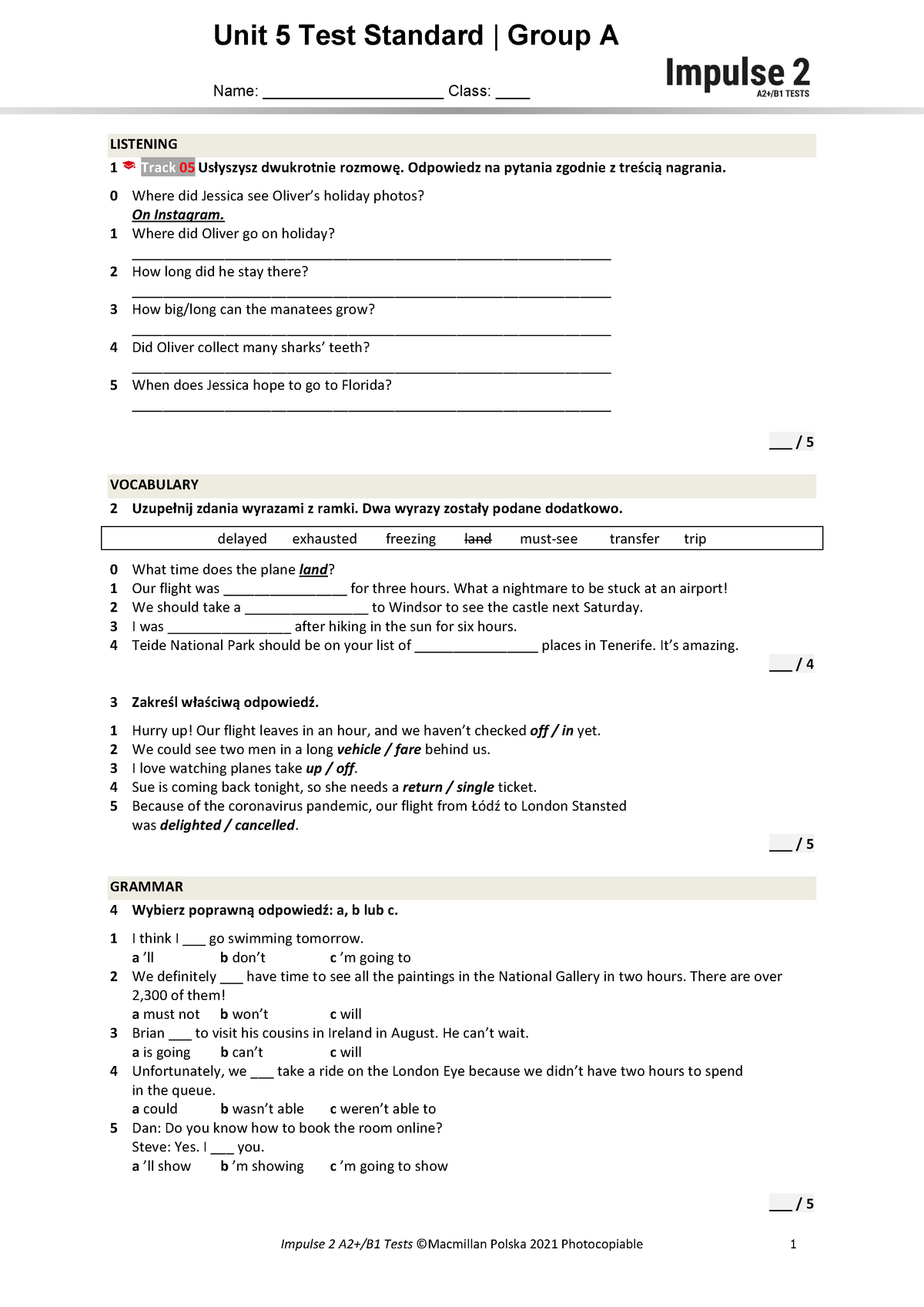 Unit 5 Test Standard A - Sprawdzian Z Modali - Unit 5 Test Standard ...