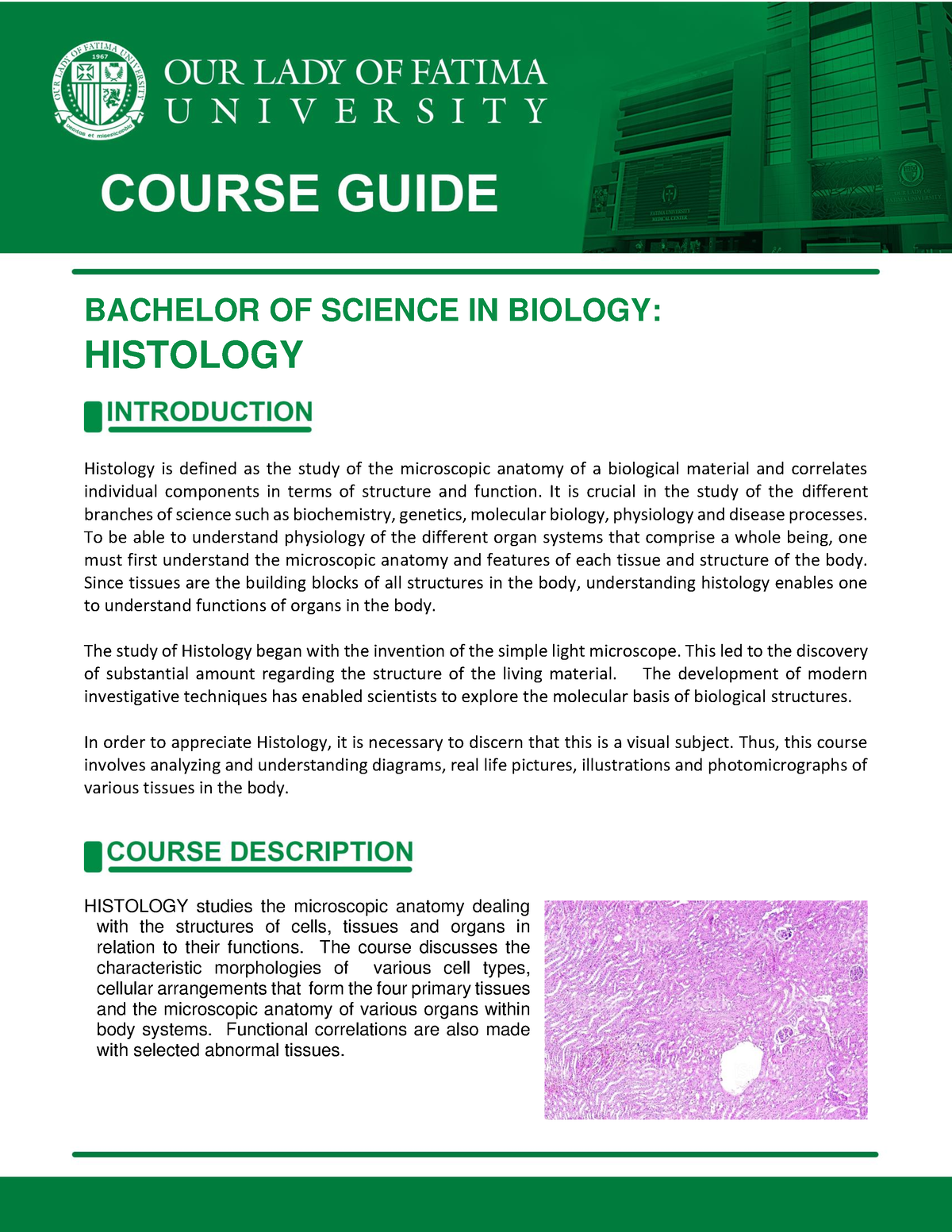 00 Course Guide Histology - BACHELOR OF SCIENCE IN BIOLOGY: HISTOLOGY ...