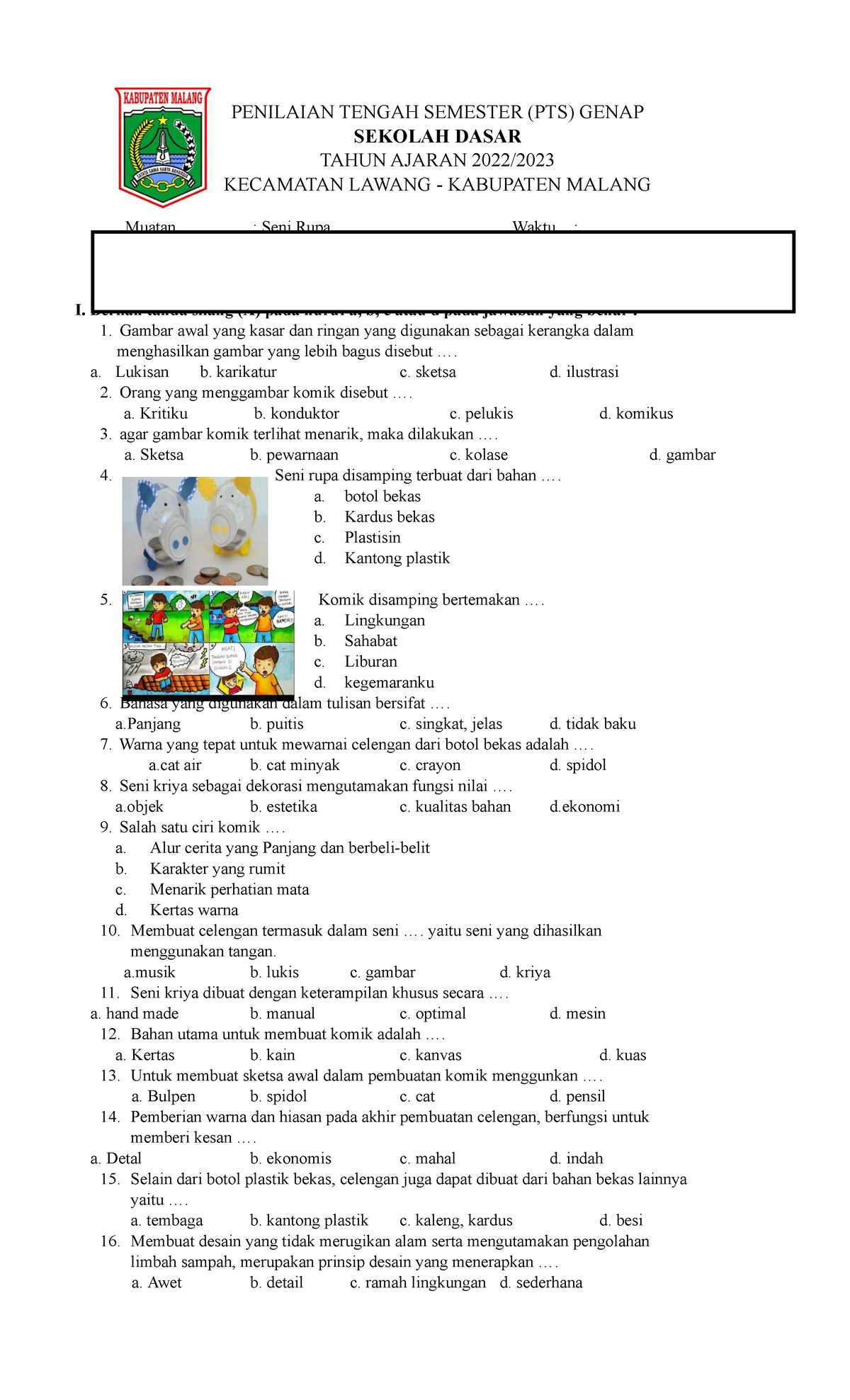 PTS Seni Rupa Sem - Seni Rupa Kelas 4 - PENILAIAN TENGAH SEMESTER (PTS ...