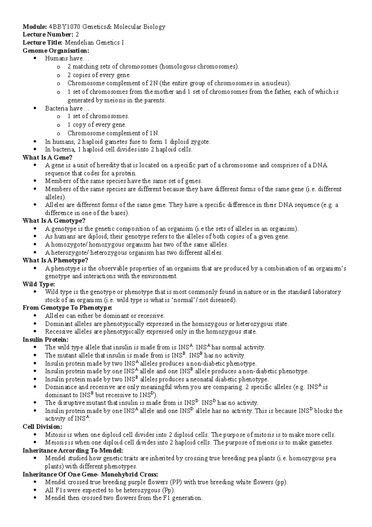 Lecture 2- Mendelian Genetics I - Module: 4BBY1070 Genetics& Molecular ...