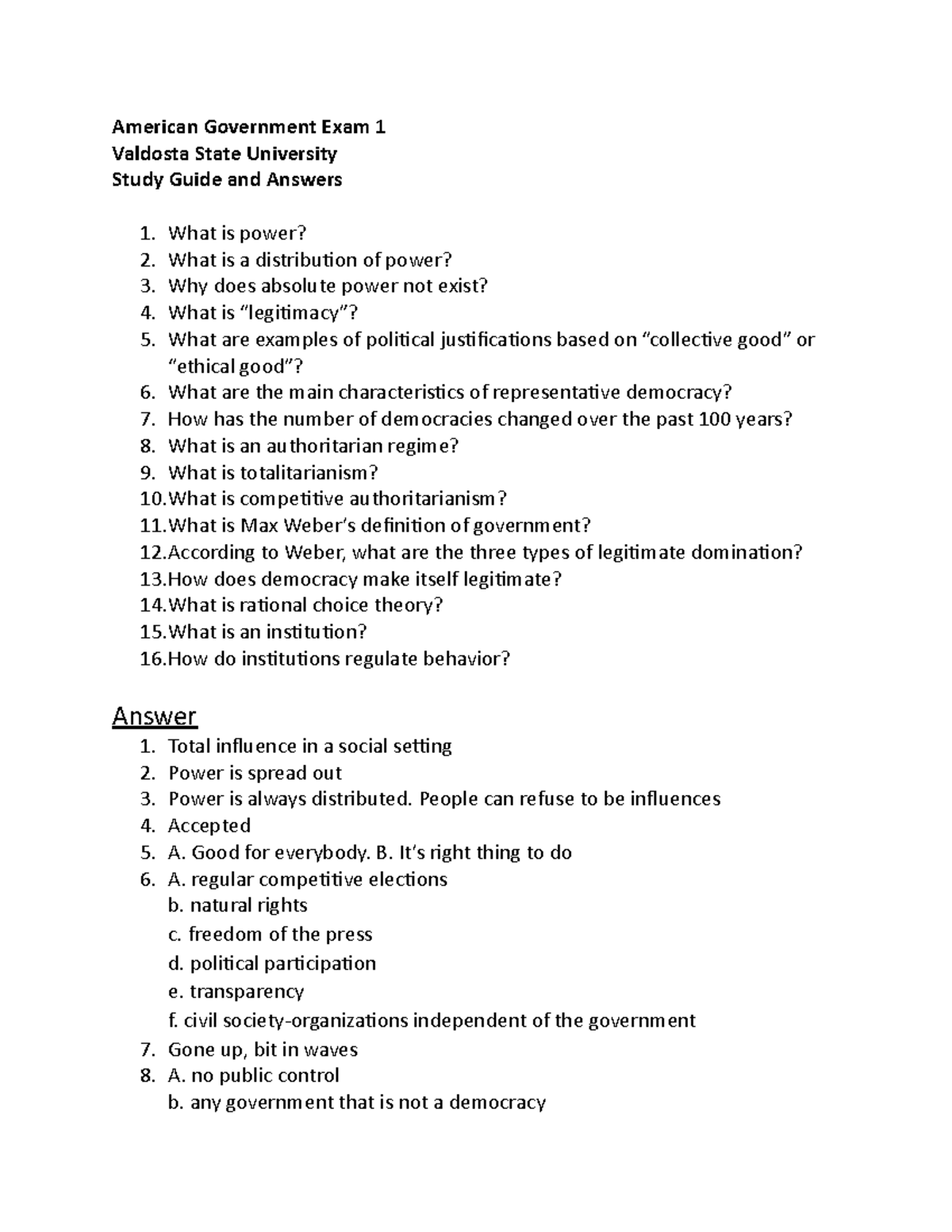 American Government Exam 1 Study Guide And Answers - American ...