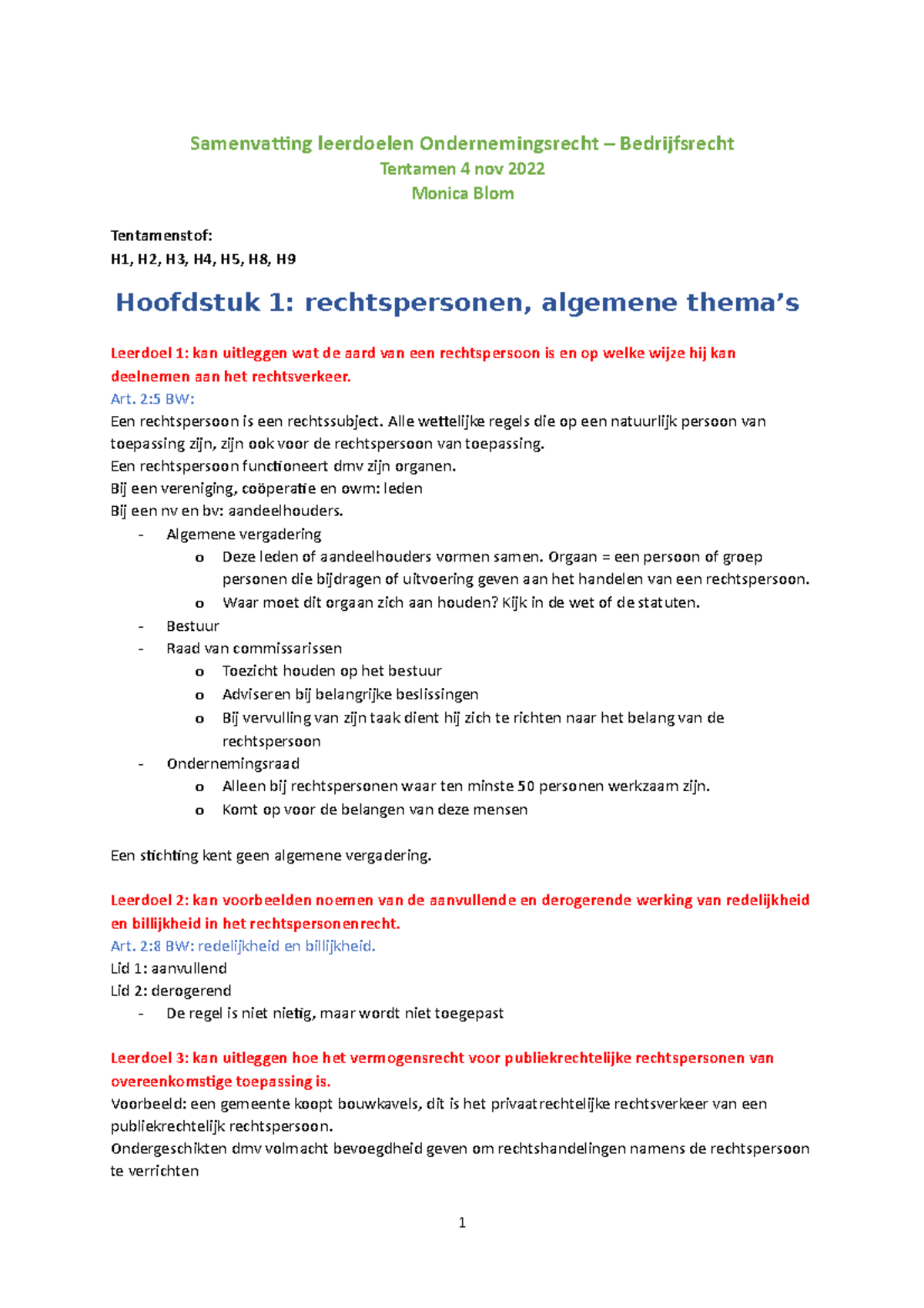 Samenvatting leerdoelen Art. 25 BW Een rechtspersoon is een