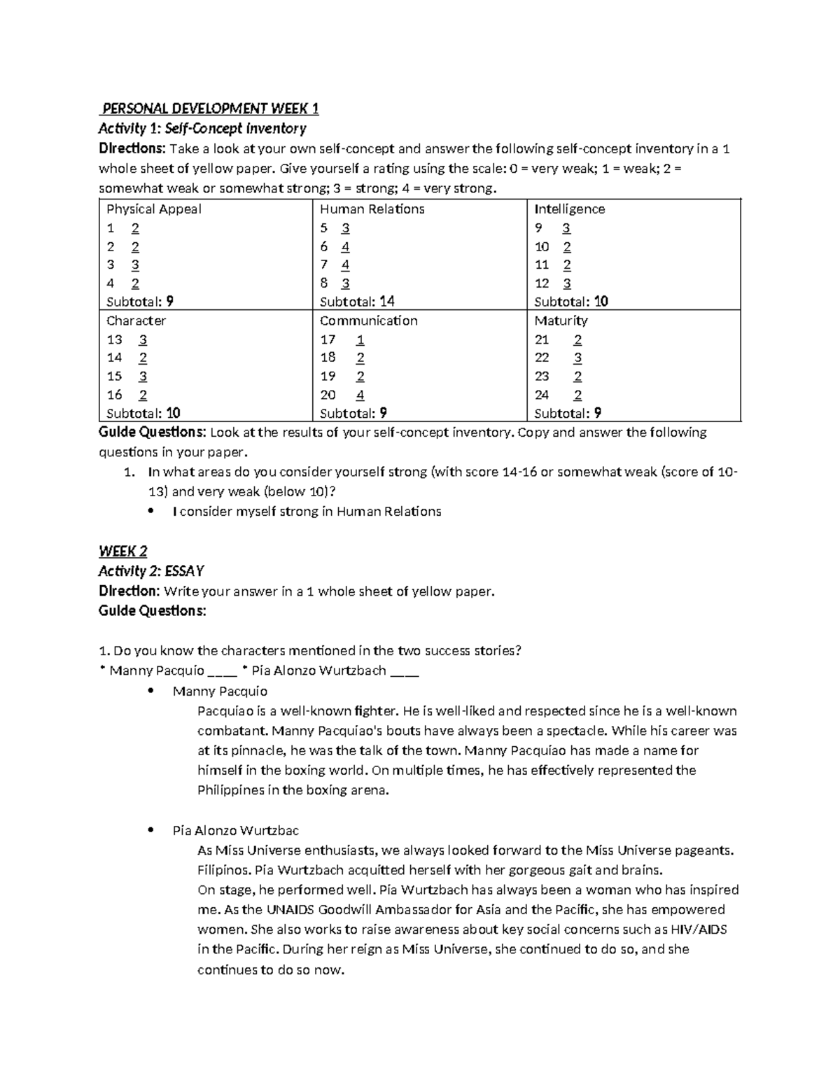 Personal Development Answer - PERSONAL DEVELOPMENT WEEK 1 Activity 1 ...