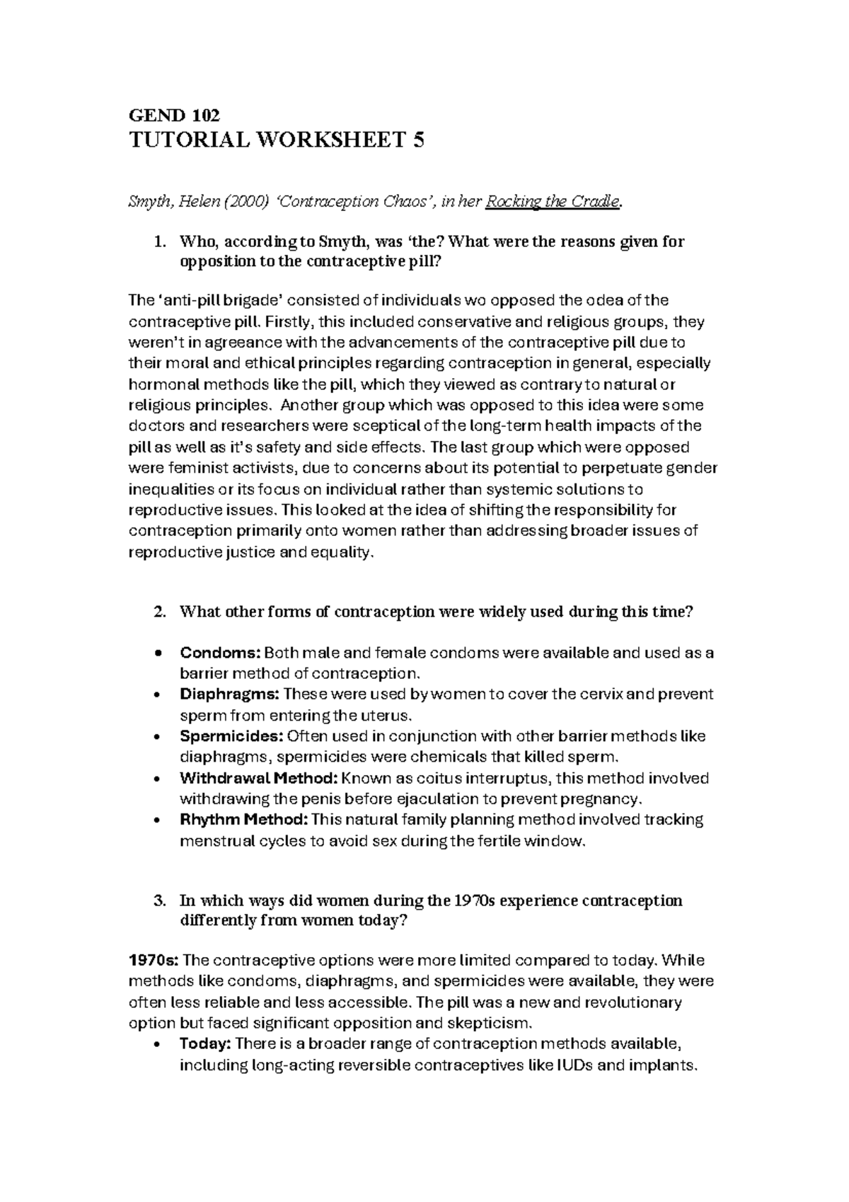 Worksheet - contraception - GEND 102 TUTORIAL WORKSHEET 5 Smyth, Helen ...