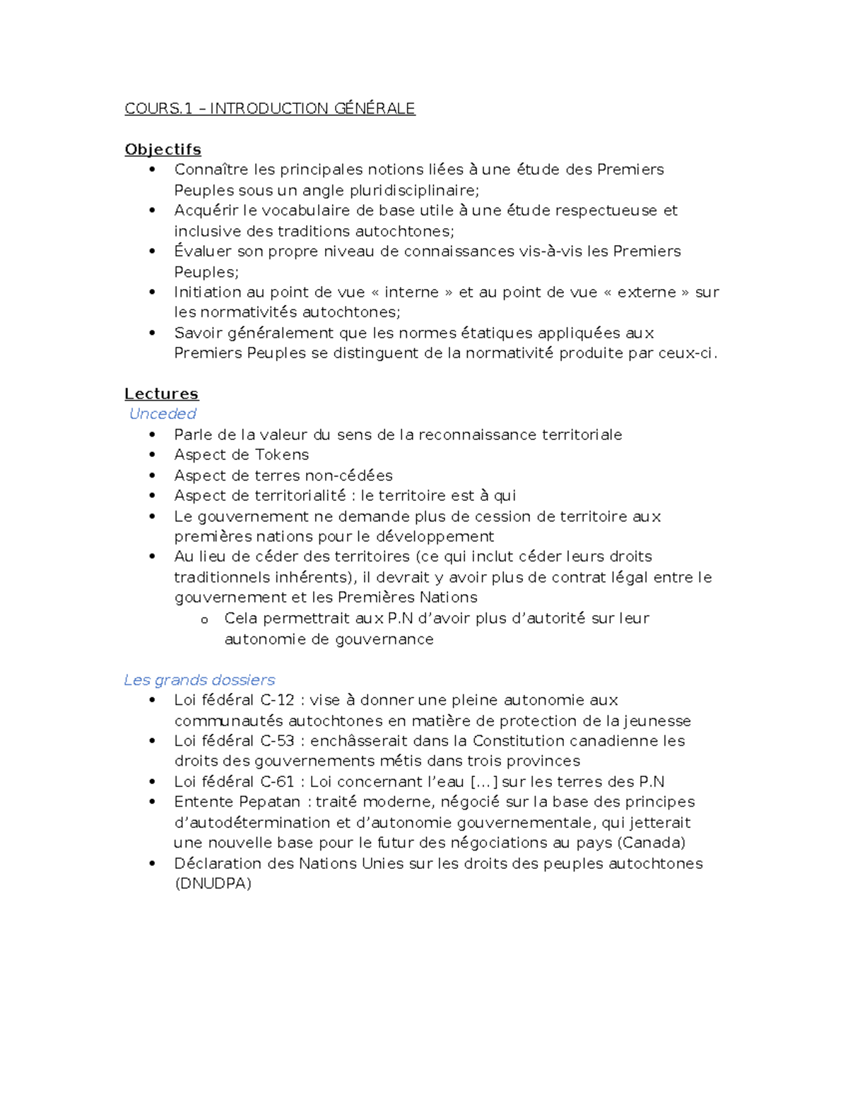 Notes cours. 1: traditions autochtones - COURS – INTRODUCTION GÉNÉRALE ...