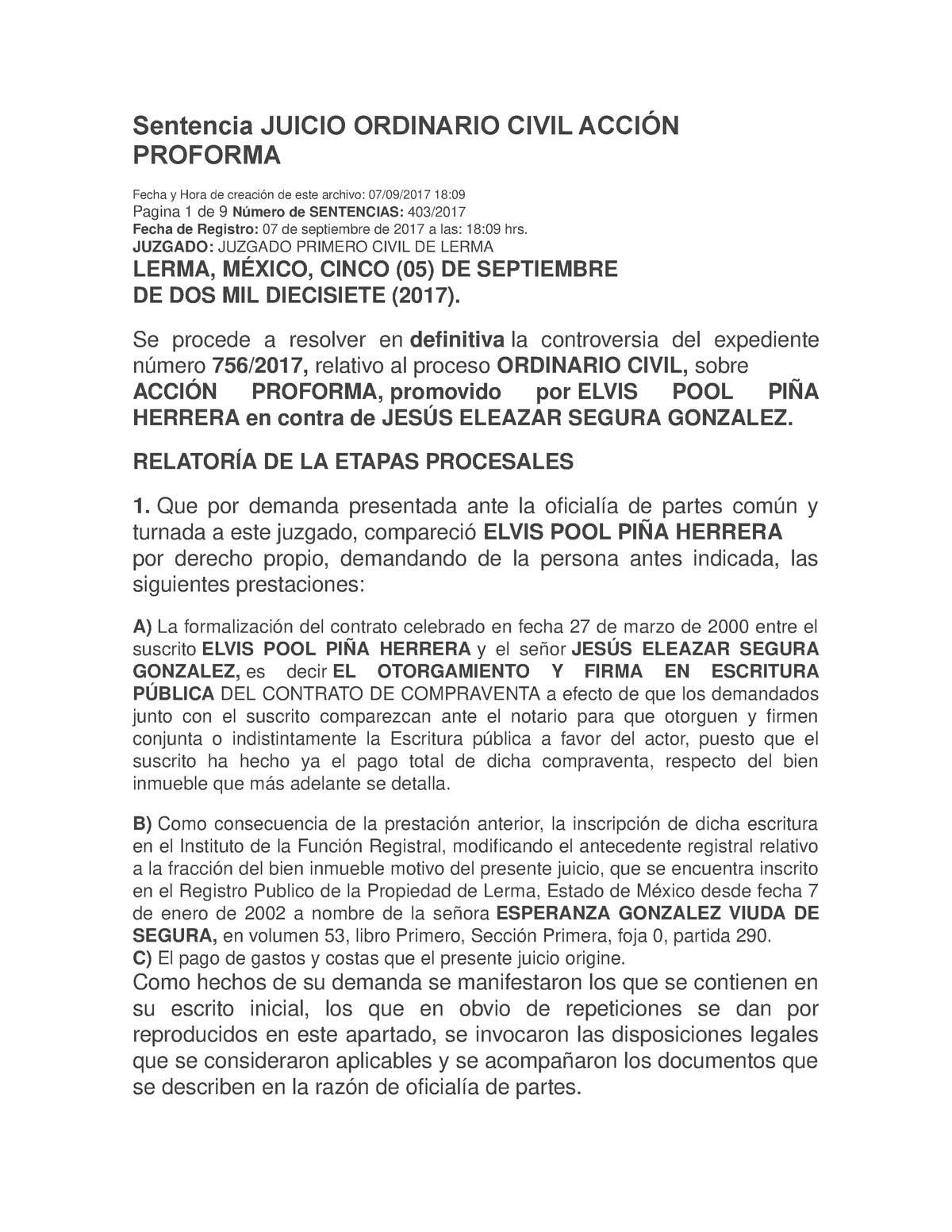 Sentencia Juicio Ordinario Civil Acción Proforma - Sentencia JUICIO  ORDINARIO CIVIL ACCIÓN PROFORMA - Studocu