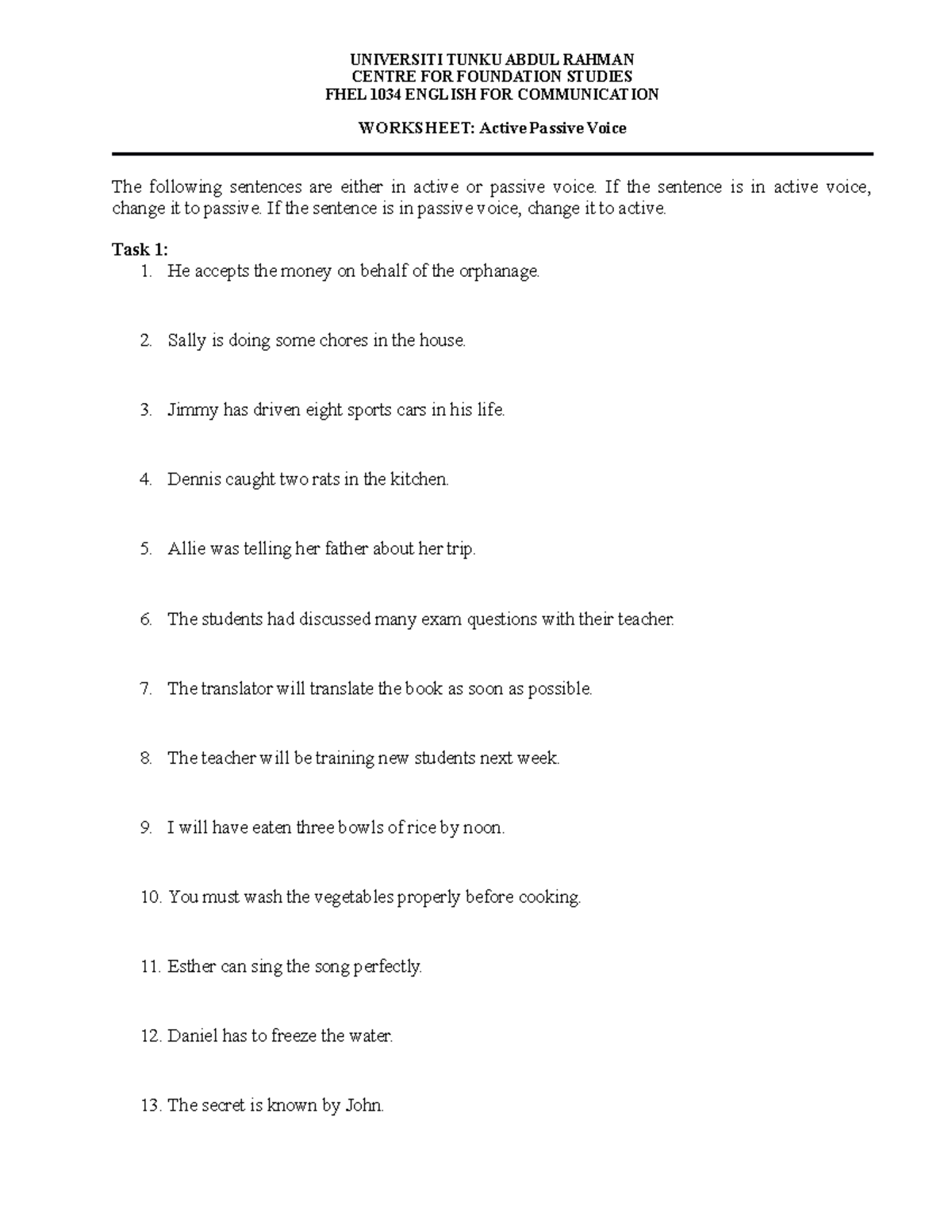 Worksheet Active Passive Voice 202201 - Student - UNIVERSITI TUNKU ...