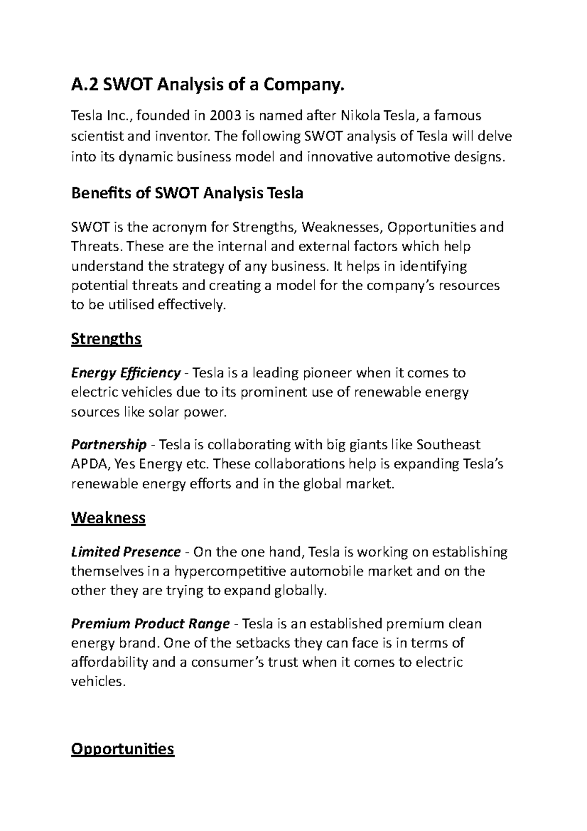 Pis A - A SWOT Analysis of a Company. Tesla Inc., founded in 2003 is ...