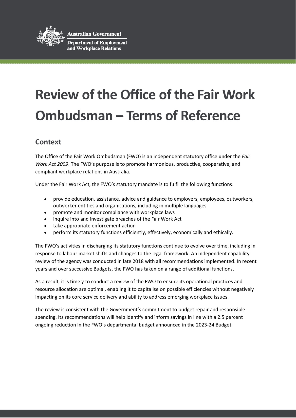 Review of the FWO Terms of Reference Review of the Office of the Fair Work Ombudsman Terms