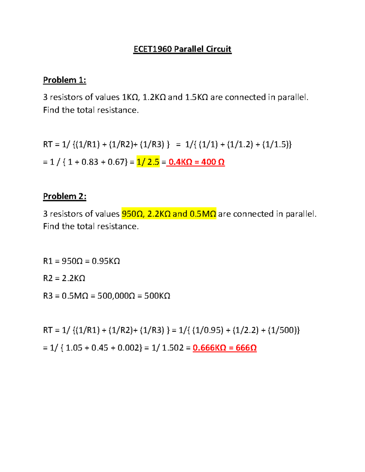 Week 5 Parallel Circuit Problems - ECET1960 Parallel Circuit Problem 1: ...