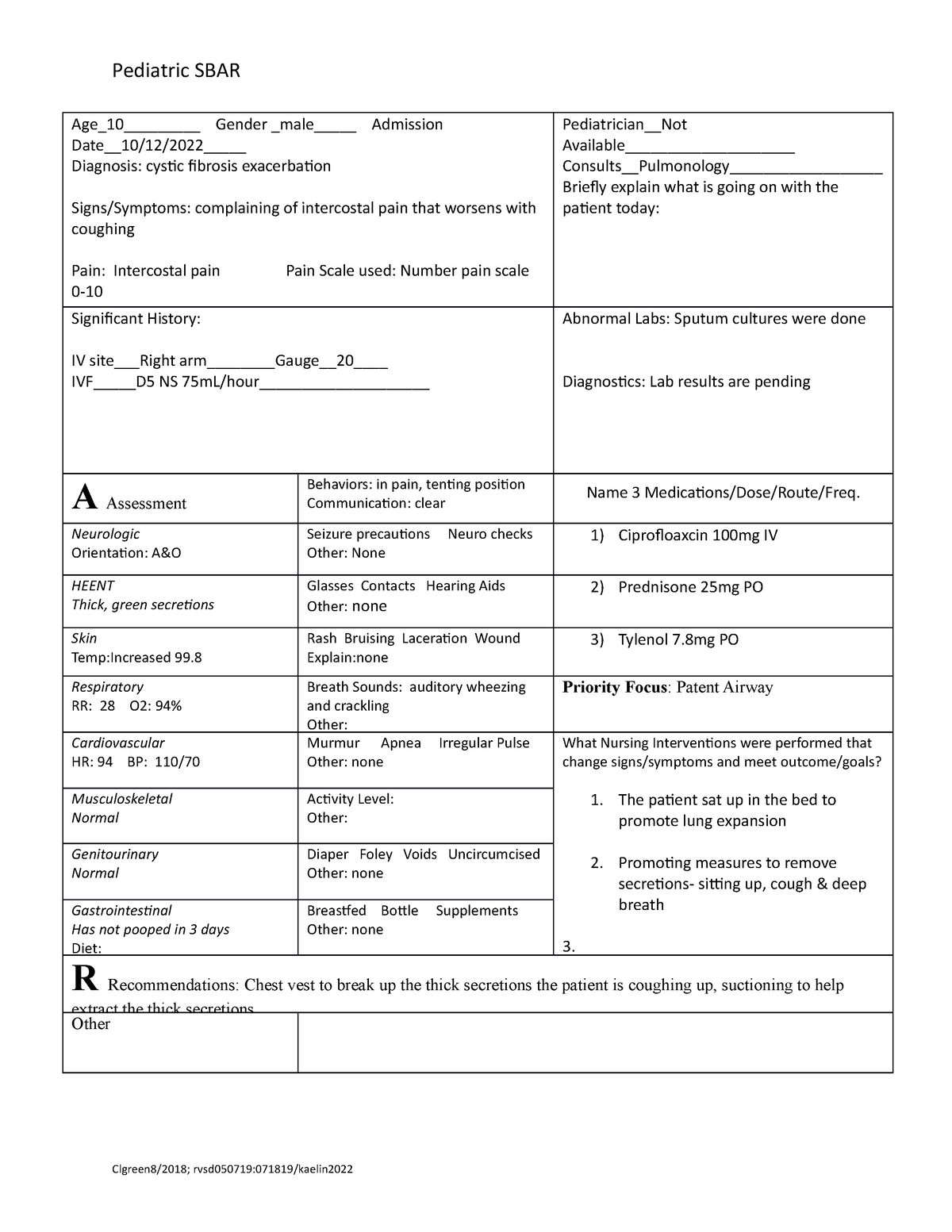 Adult Care 2 week 2 SBAR - Pediatric SBAR Age_10_________ Gender male ...