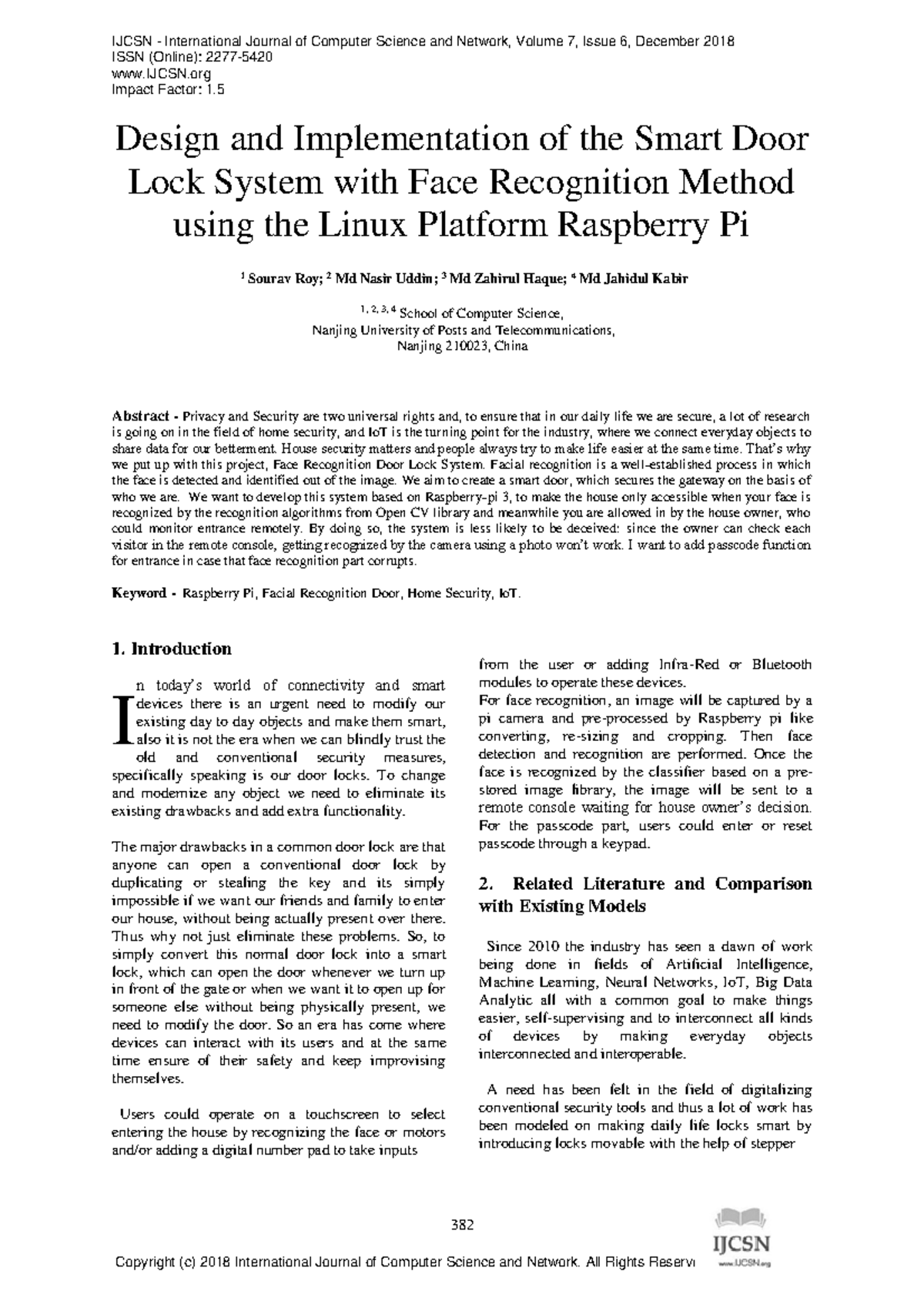 Design and Implementation of the Smart Door Lock System with Face ...