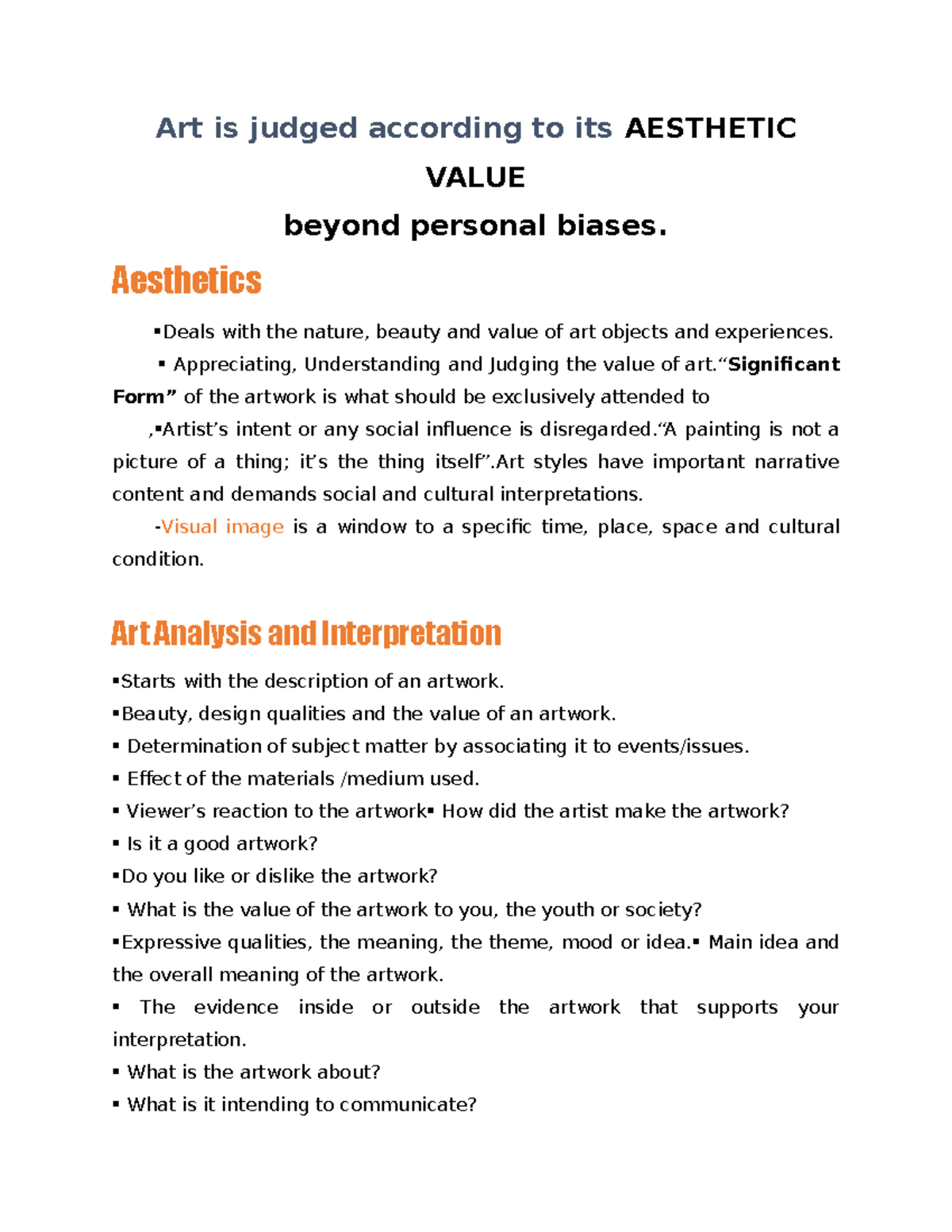 Art analysis and Interpretation - Art is judged according to its ...