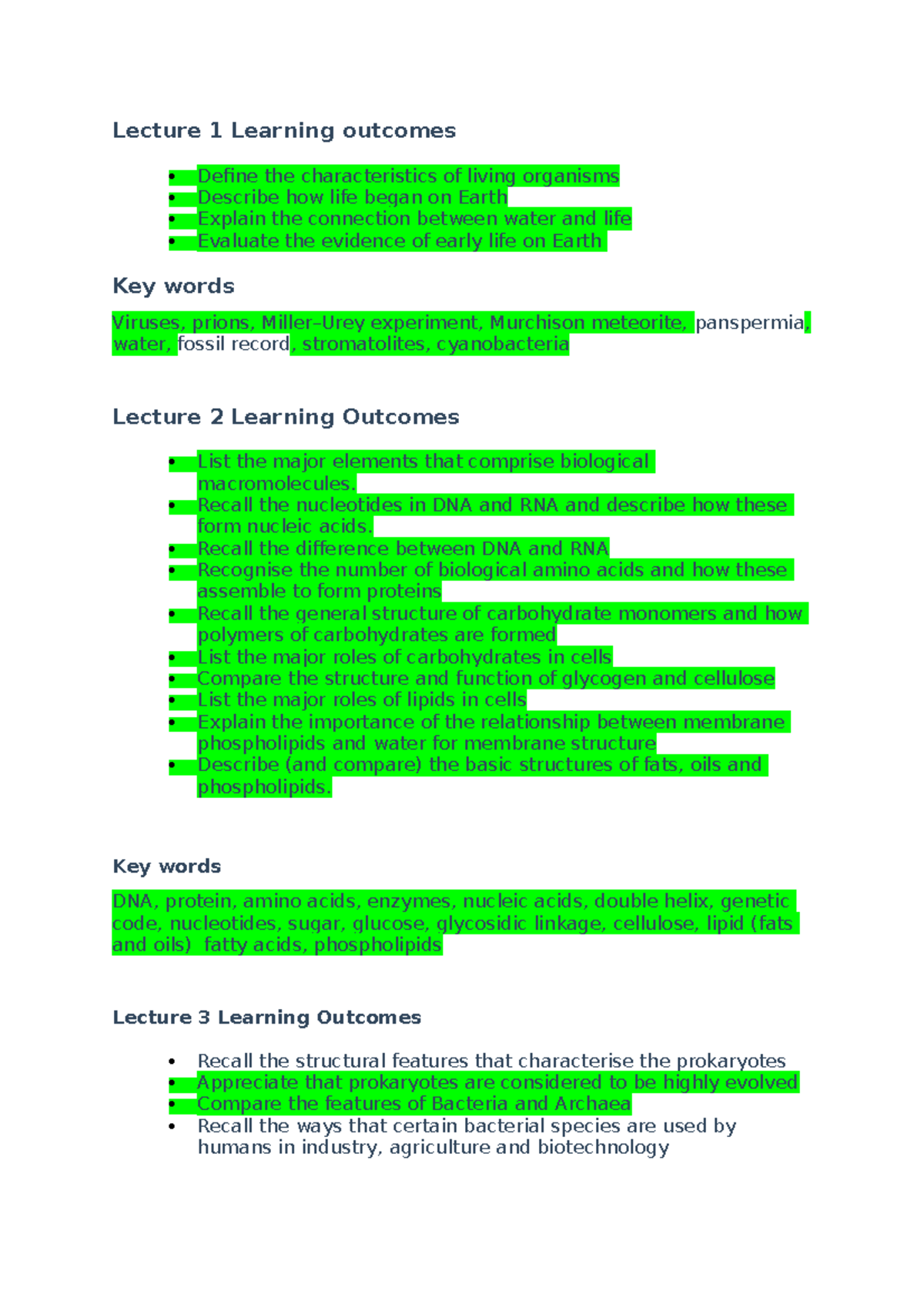 Bio - Learning outcomes - Lecture 1 Learning outcomes Define the ...