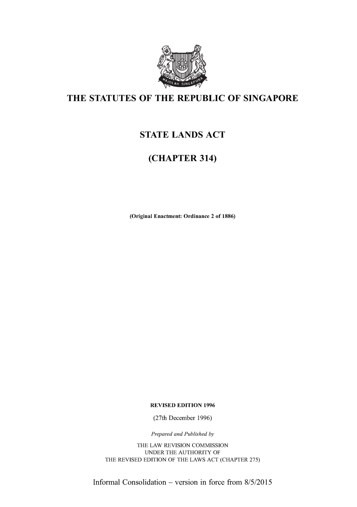 Crown Land Ordinance Singapore State Lands Act - THE STATUTES OF THE ...