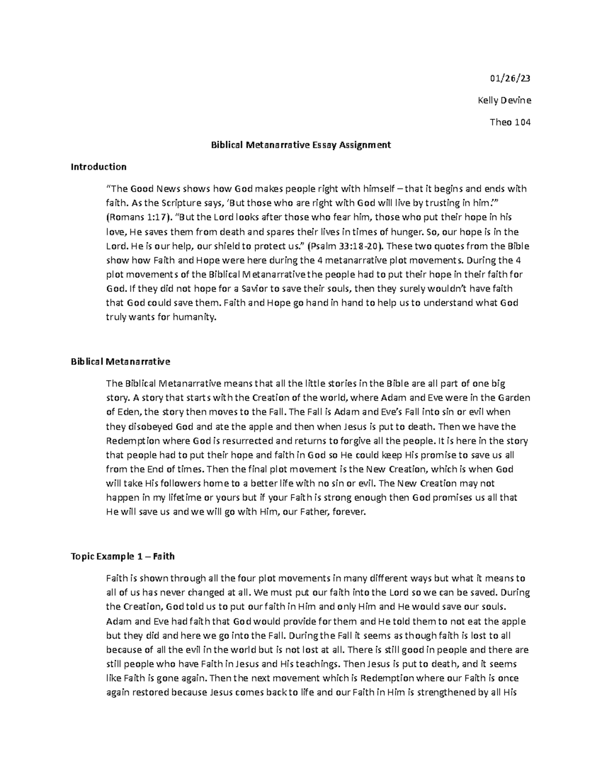 Biblical Metanarrative Essay 2 - 01/26/ Kelly Devine Theo 104 Biblical ...