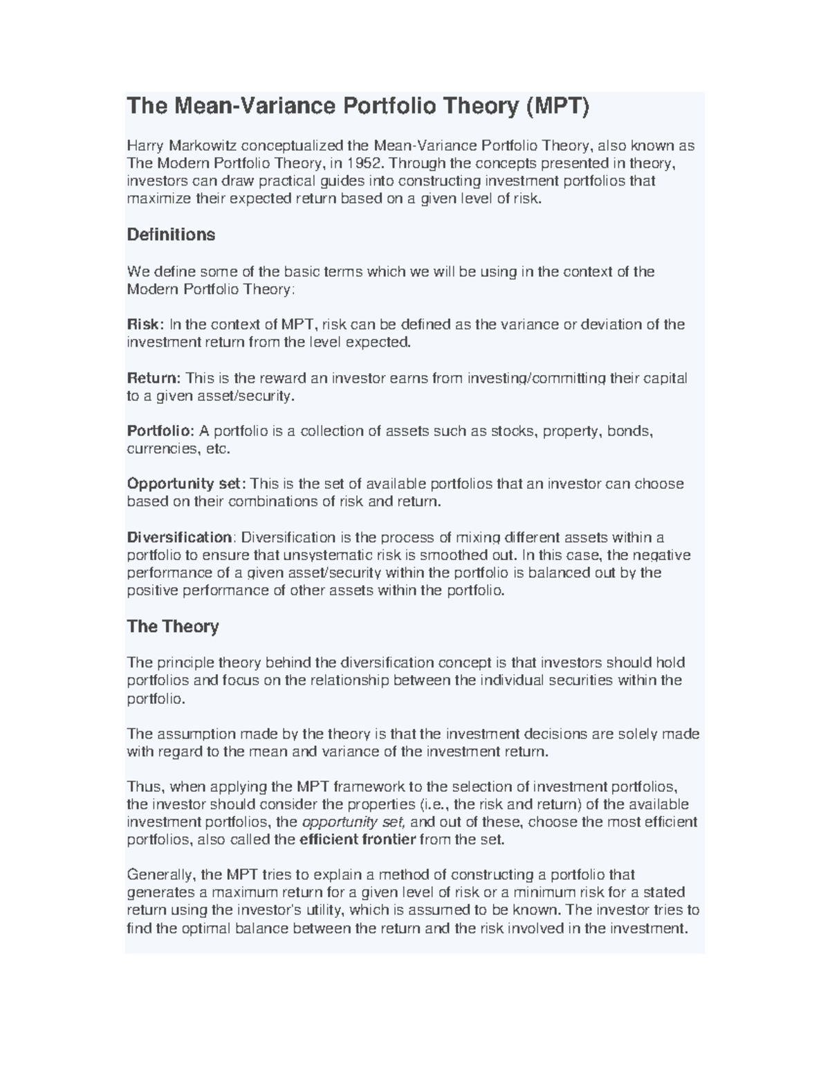 Mean Variance and Portfolio Theory Markowitz Model - The Mean-Variance ...